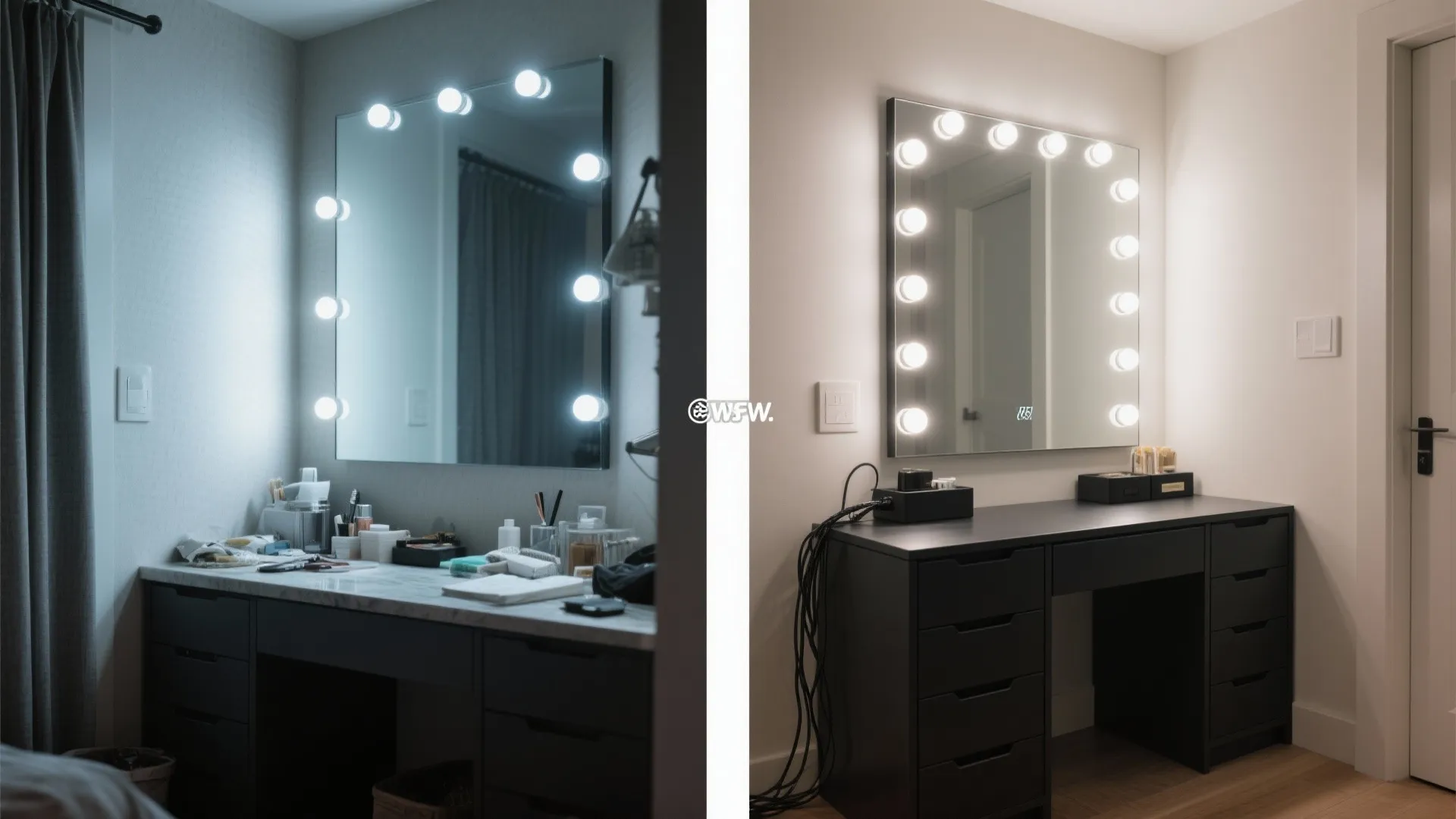 Hollywood-style mirror with dimmable bulbs