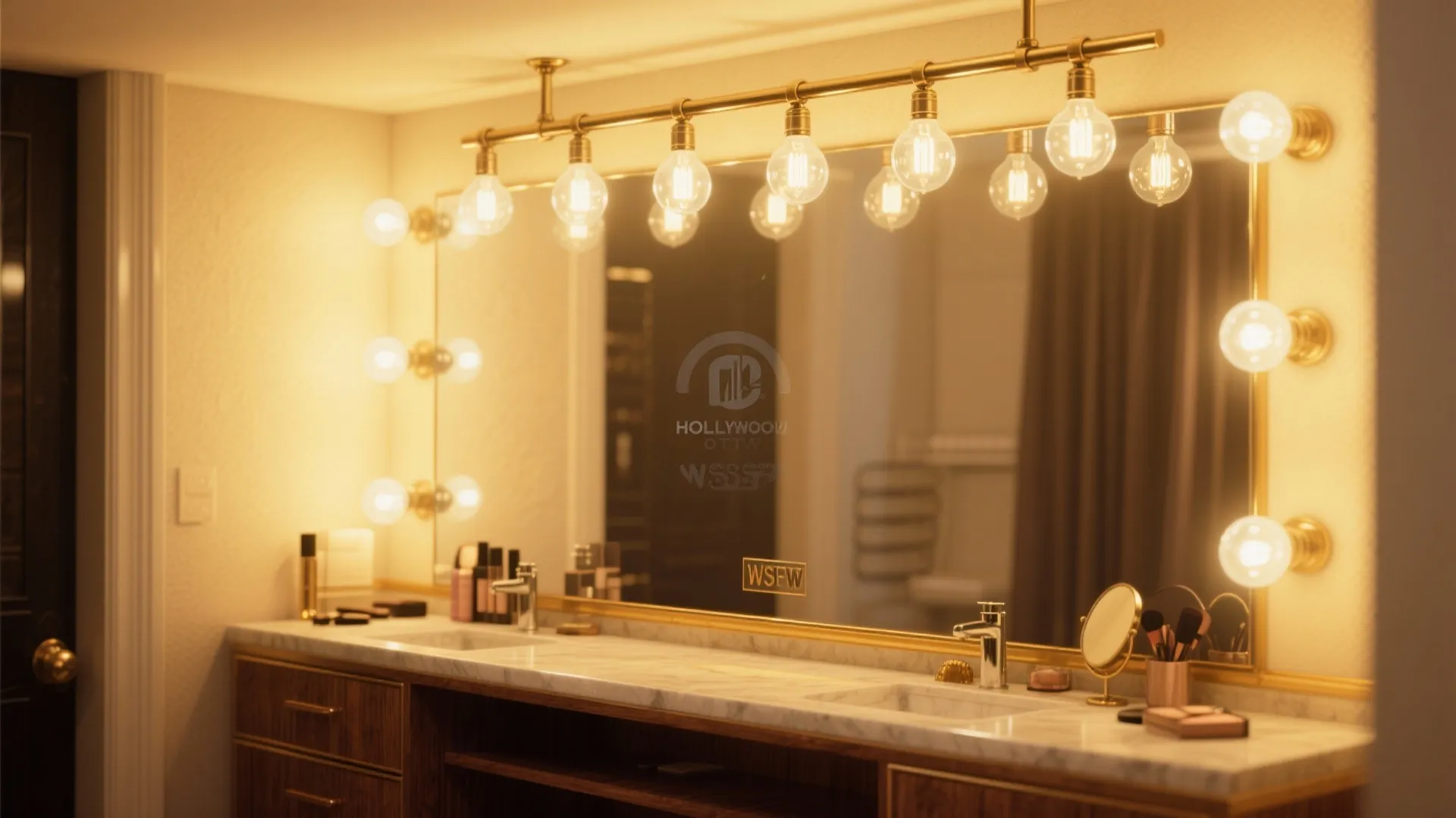 Large vanity mirror with many round light bulbs over wooden cabinet with two white sinks design