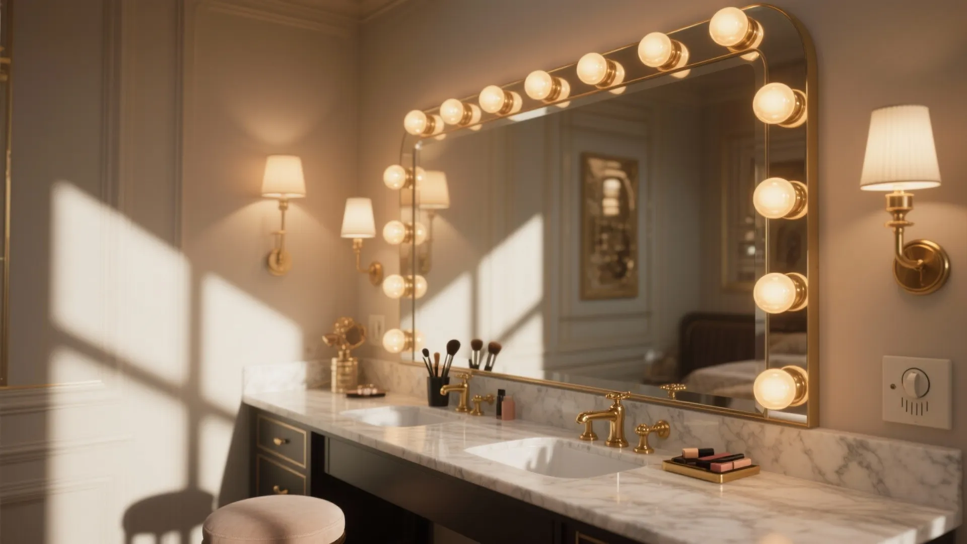 Large bathroom mirror with light bulbs marble counter two sinks wall lights and a small sofa