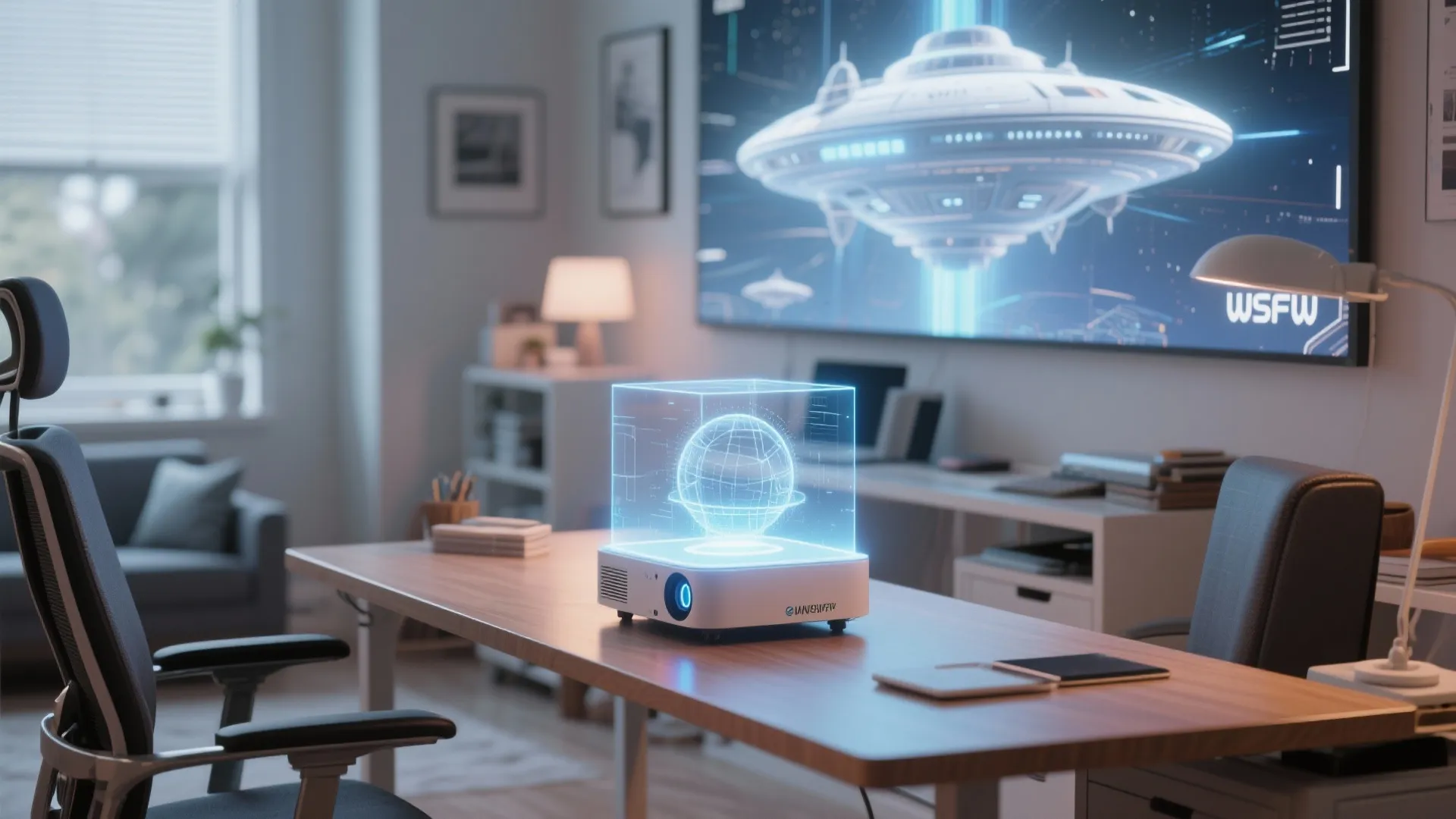 Modern home office featuring a 3D hologram projector on wooden desk with large wall screen