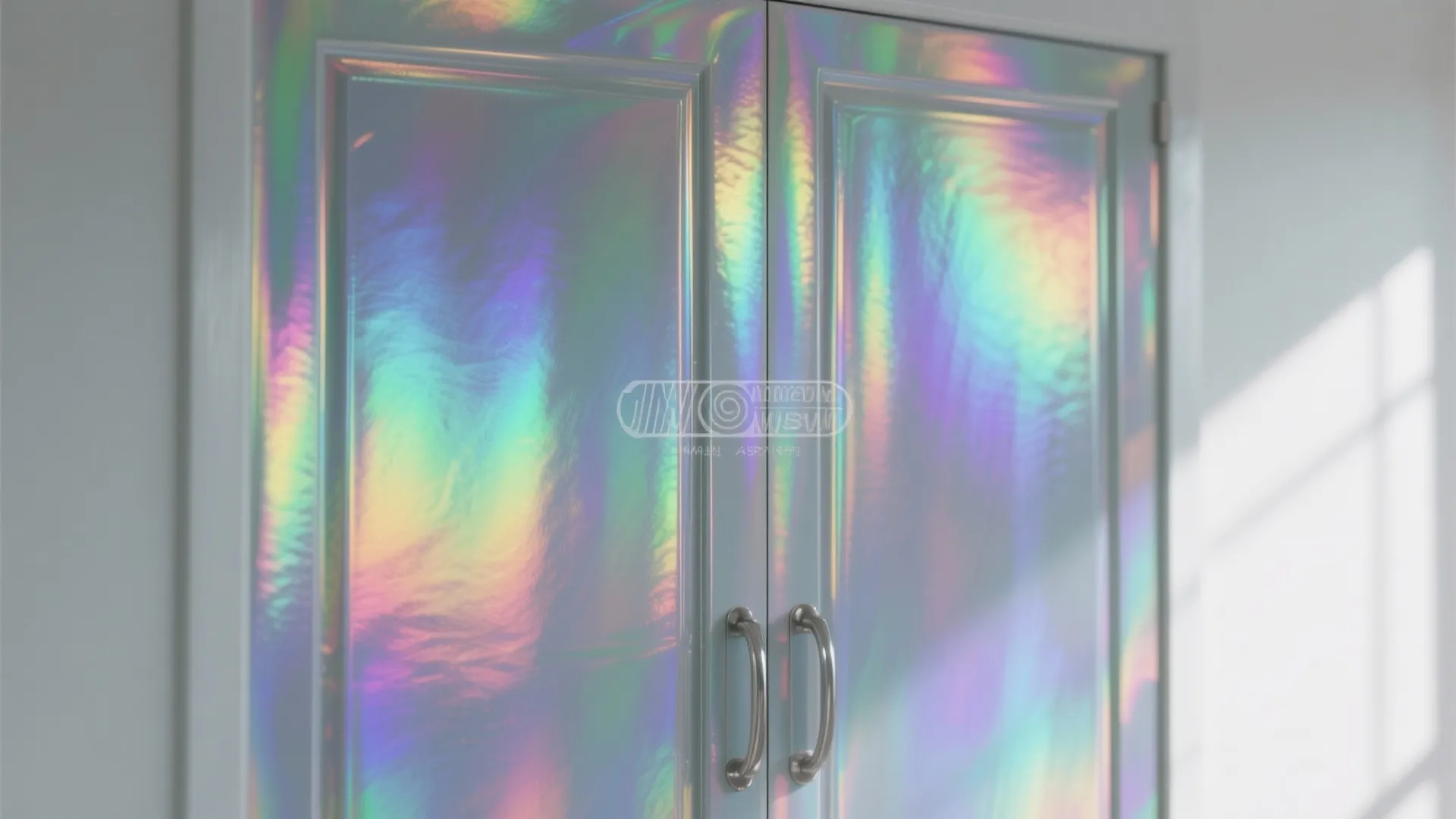 White cabinet doors with a shiny rainbow holographic finish and two silver handles in room
