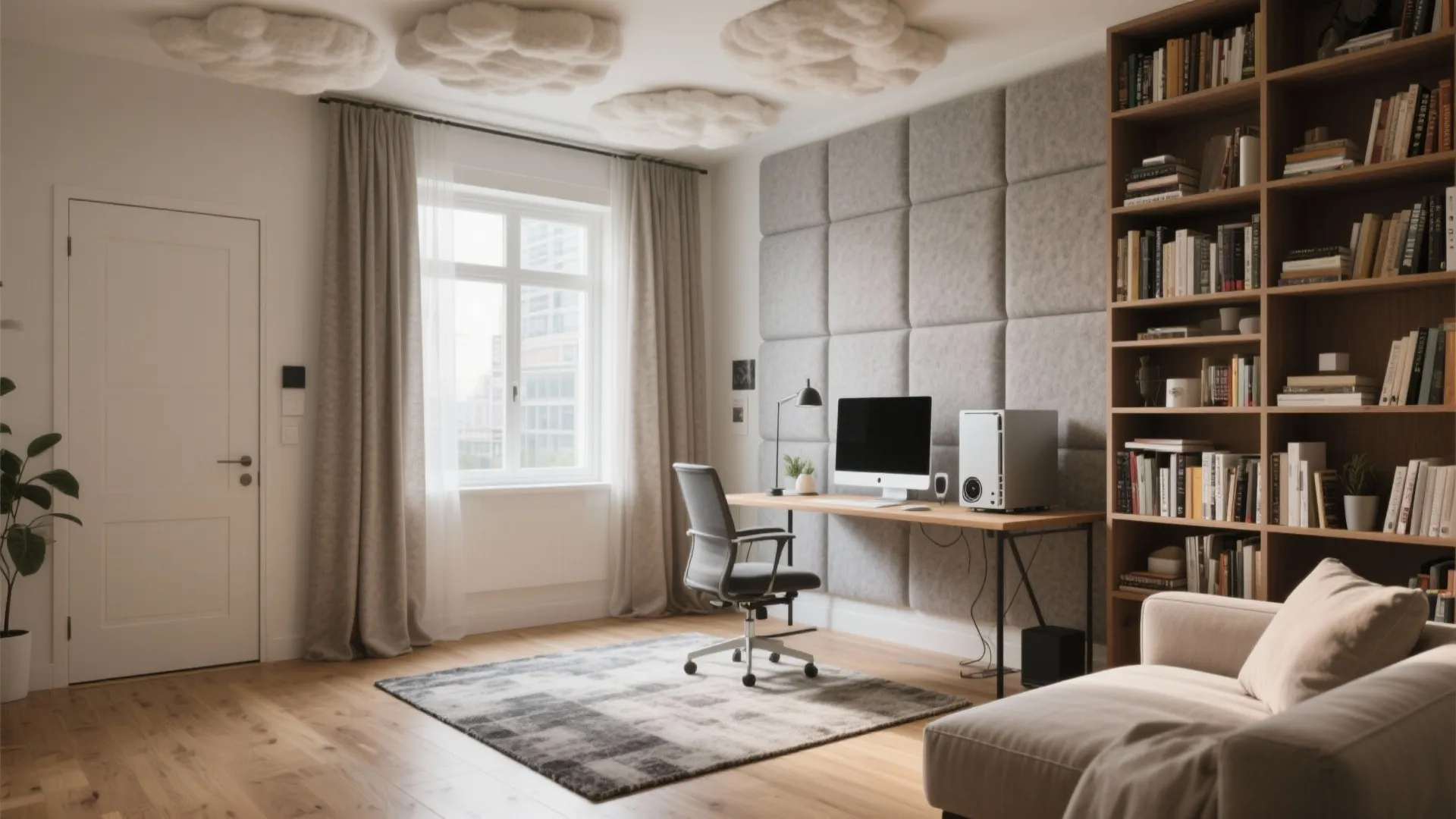Modern home office with grey wall panel desk computer bookshelf sofa rug and ceiling light