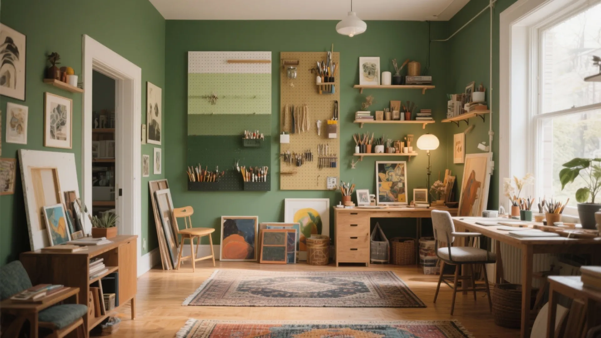 Green art studio with wooden desks, pegboards for tools, paintings on floor, and patterned rug