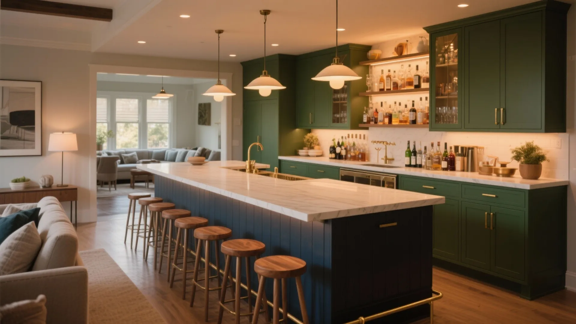 Modern kitchen with green cabinets white counters wood bar stools and hanging gold ceiling lights
