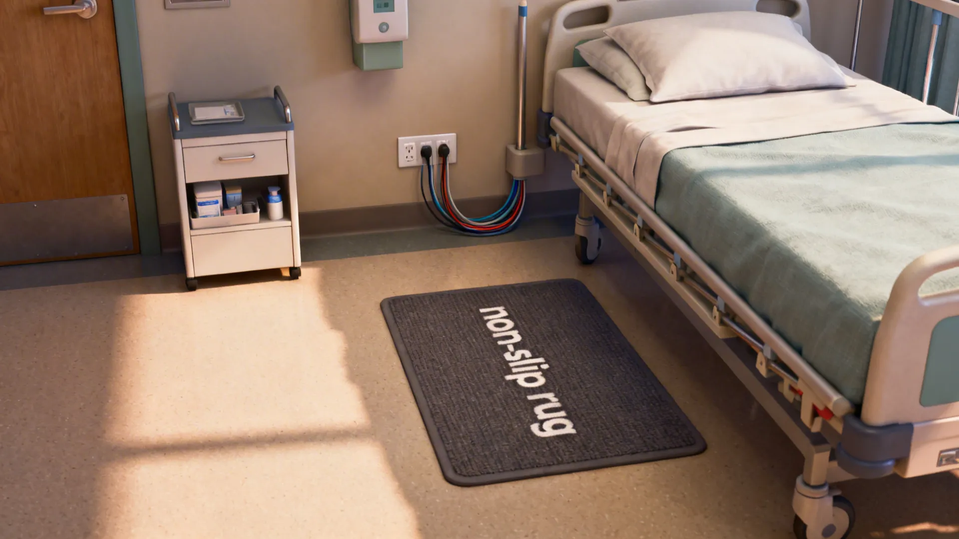 Overview of safety features: clear paths, non-slip rug, accessible outlet, and organized medical cabinet in a living room.