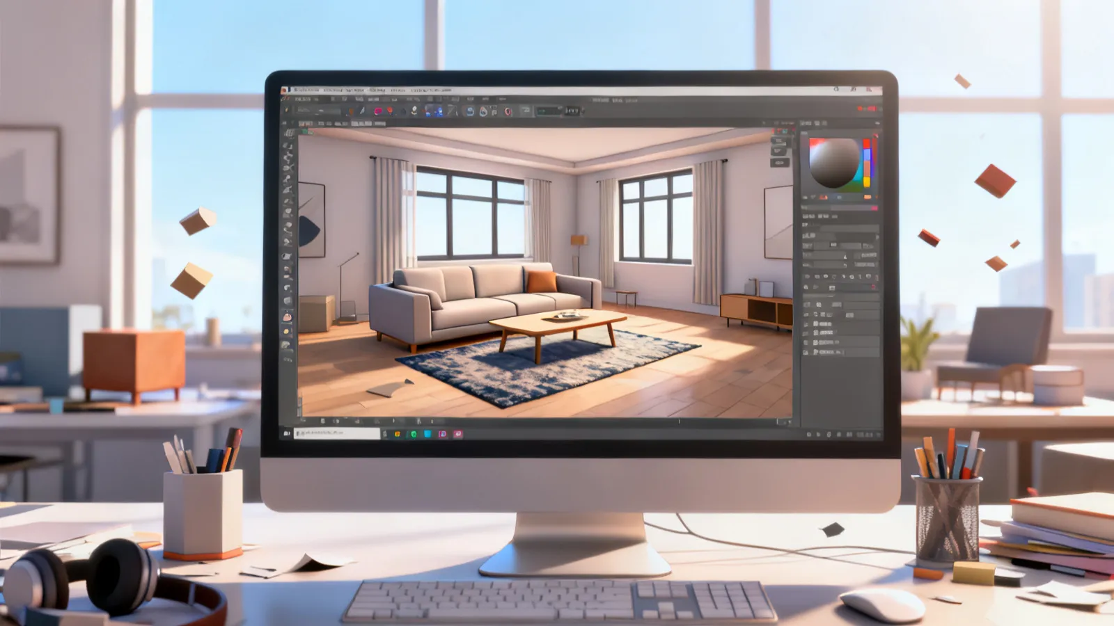 3D home design software interface showing a living room layout and furniture arrangement