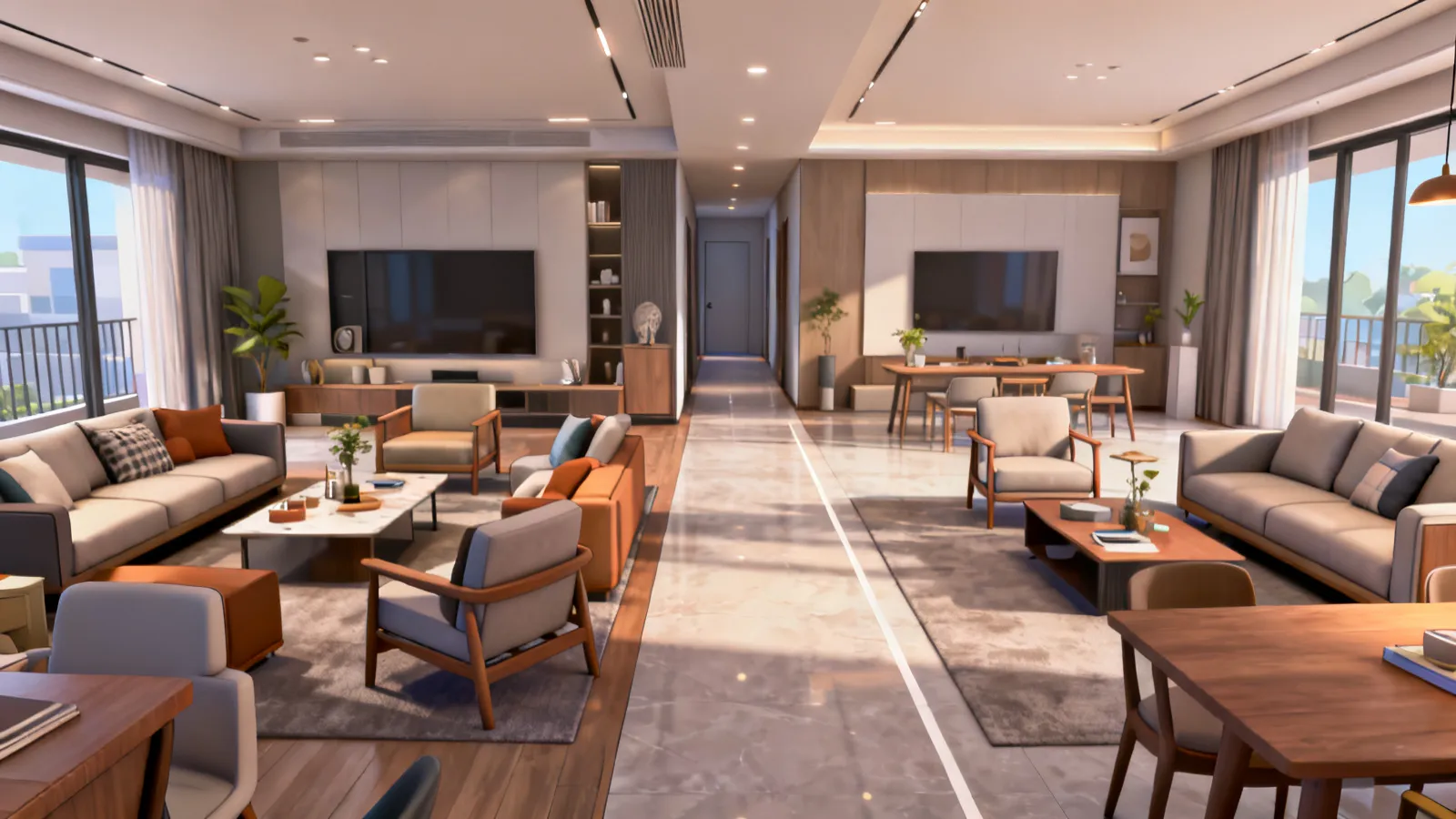 Comparison of crowded versus balanced living room layout in 3D design software