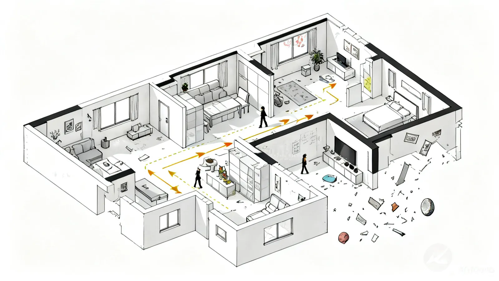 Architectural floor plan diagram showing walking paths and traffic flow inside a home layout