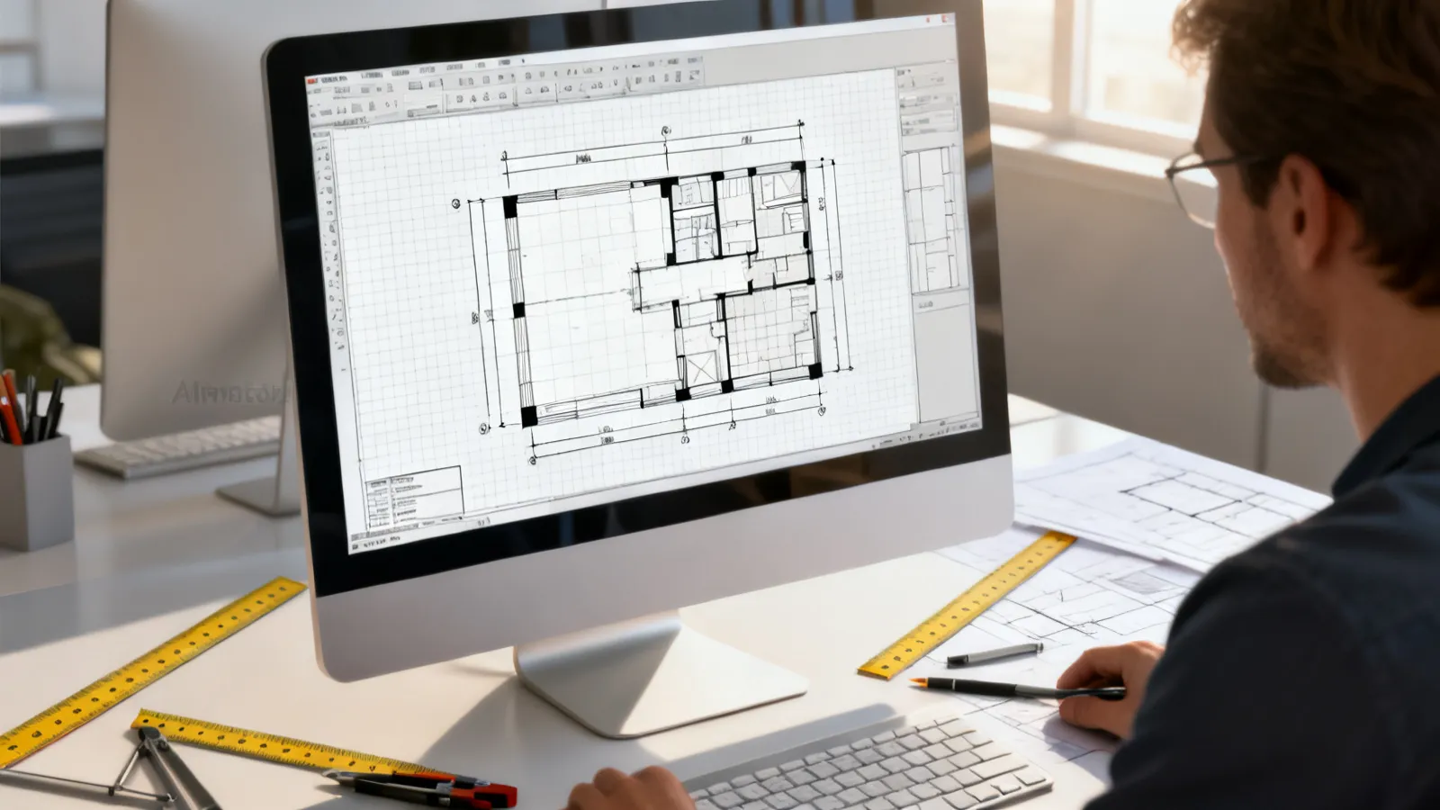 designer reviewing home layout measurements and circulation space in a floor plan