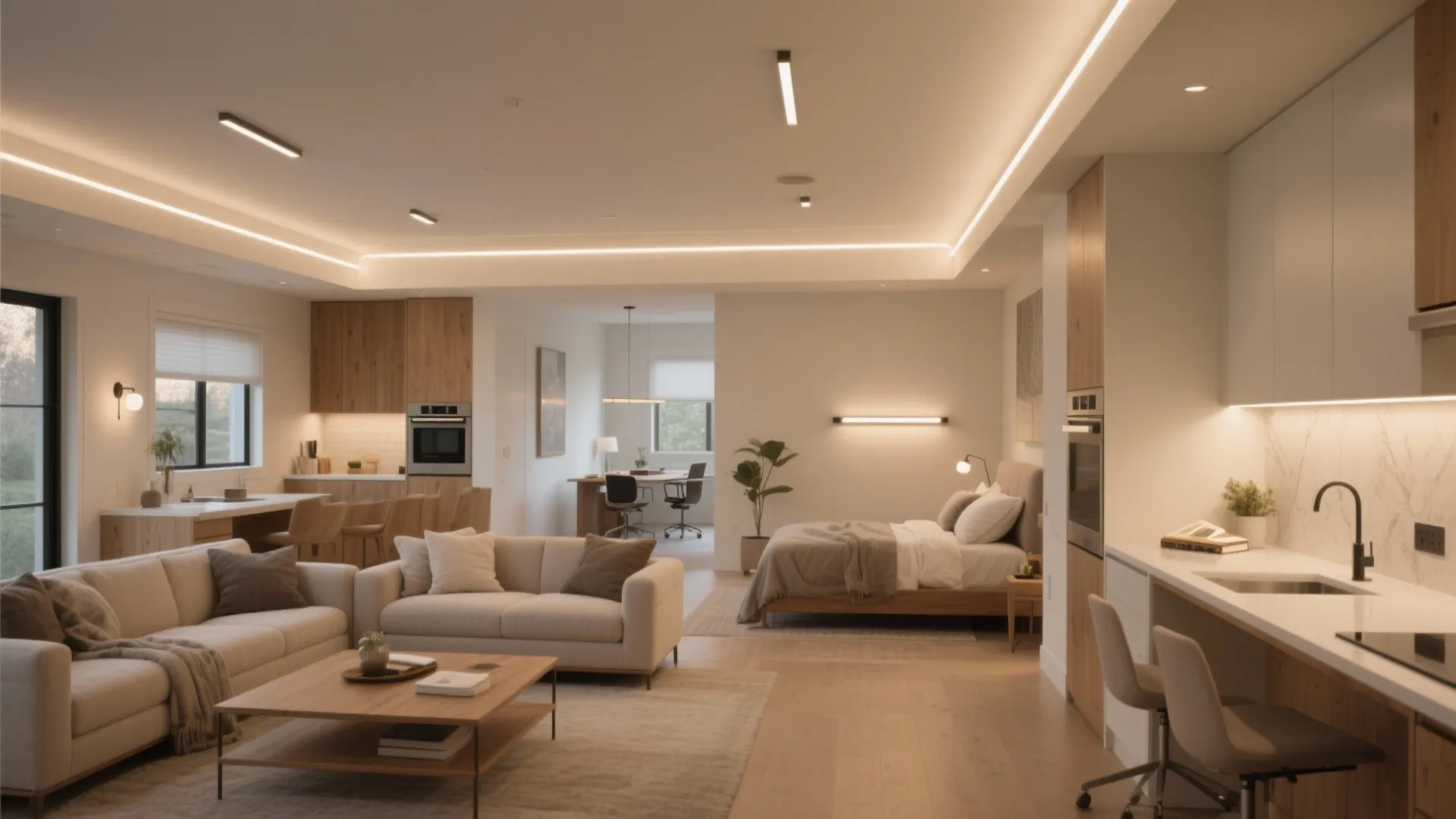 Modern open plan apartment interior design featuring warm ceiling lights kitchen sofa and cozy bedroom