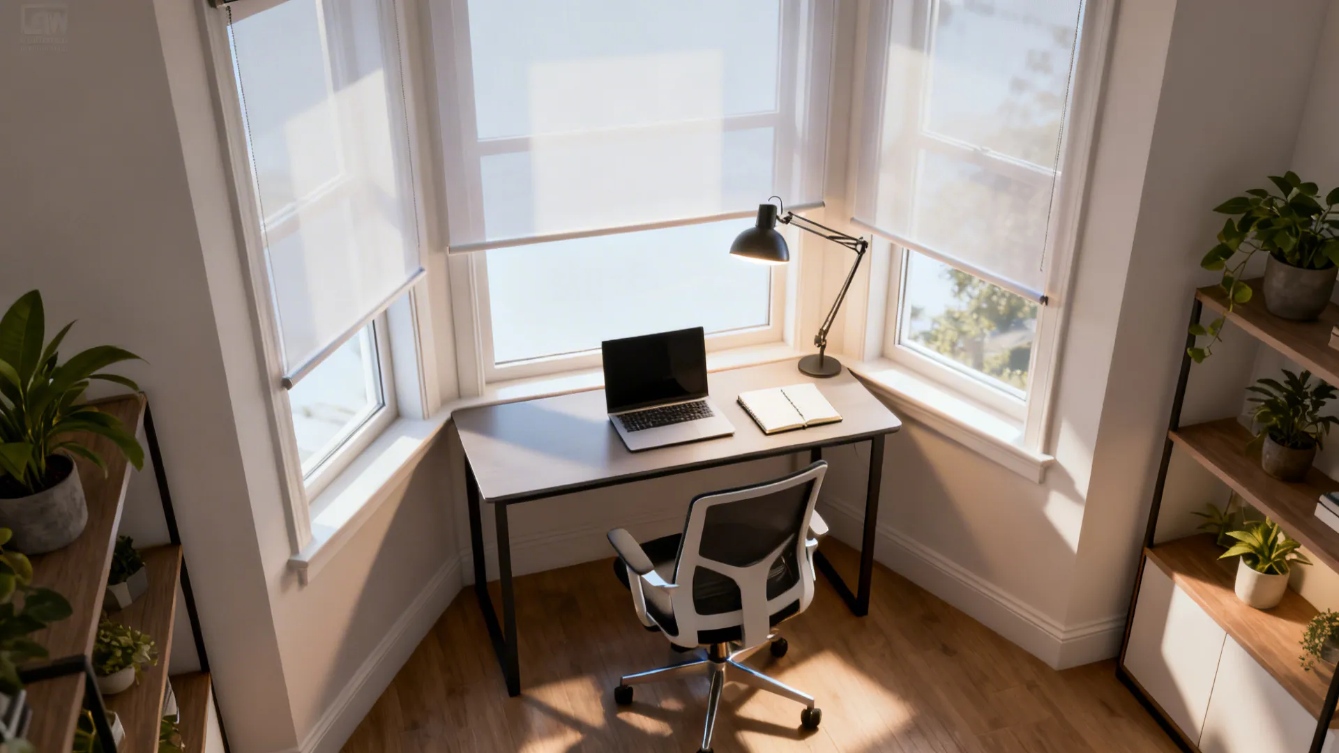 Mini home office set across a bay window with a slim desk and task lighting