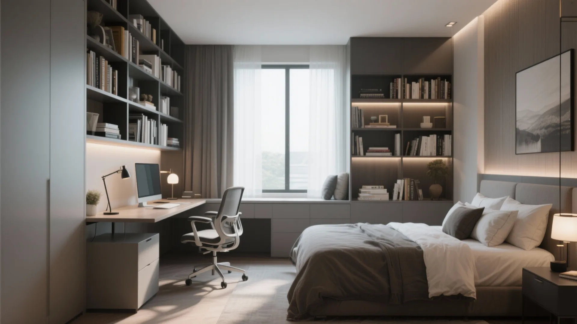 Small bedroom interior design featuring a wooden desk workspace with built in bookshelves and bed