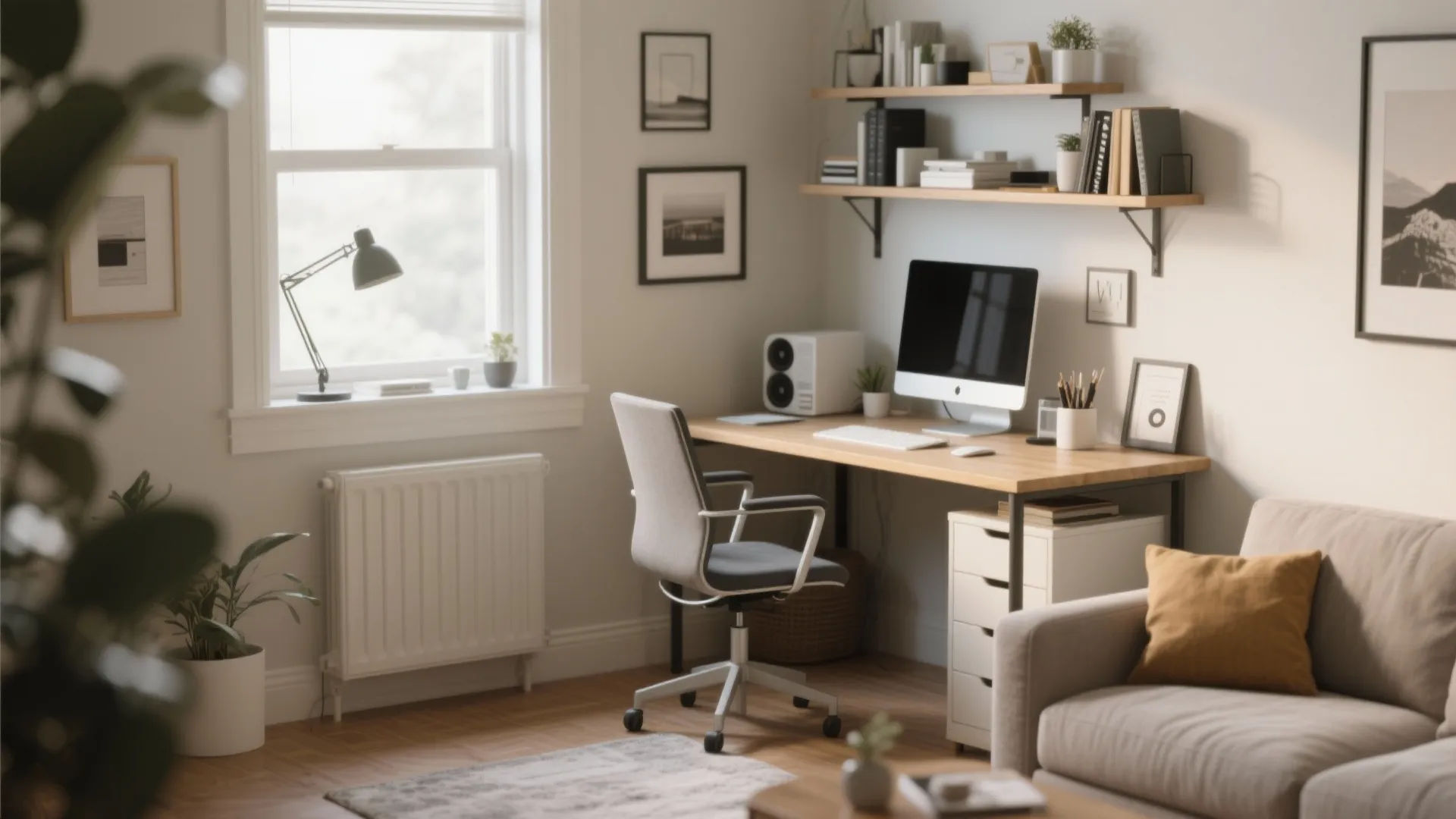 Bright home office corner with wood desk computer grey chair wall shelves and window with light