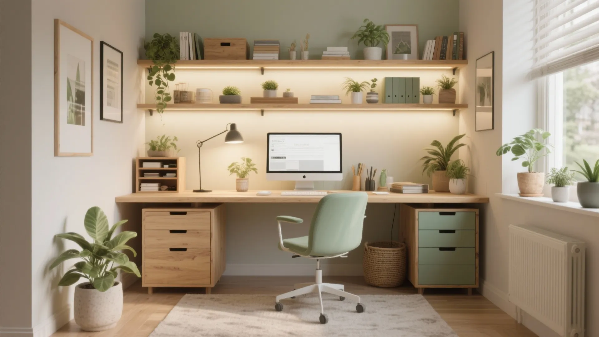 Small home office with green chair computer on wood desk and shelves with plants and lights