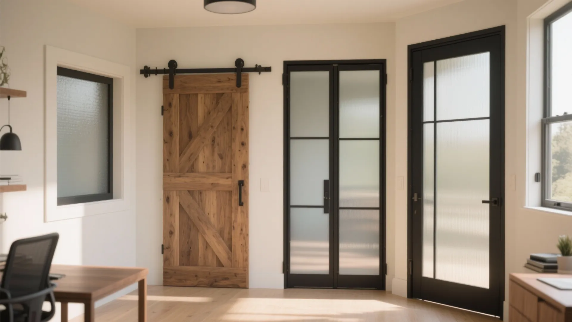 Modern home office featuring a sliding wood door alongside black metal framed glass interior doors