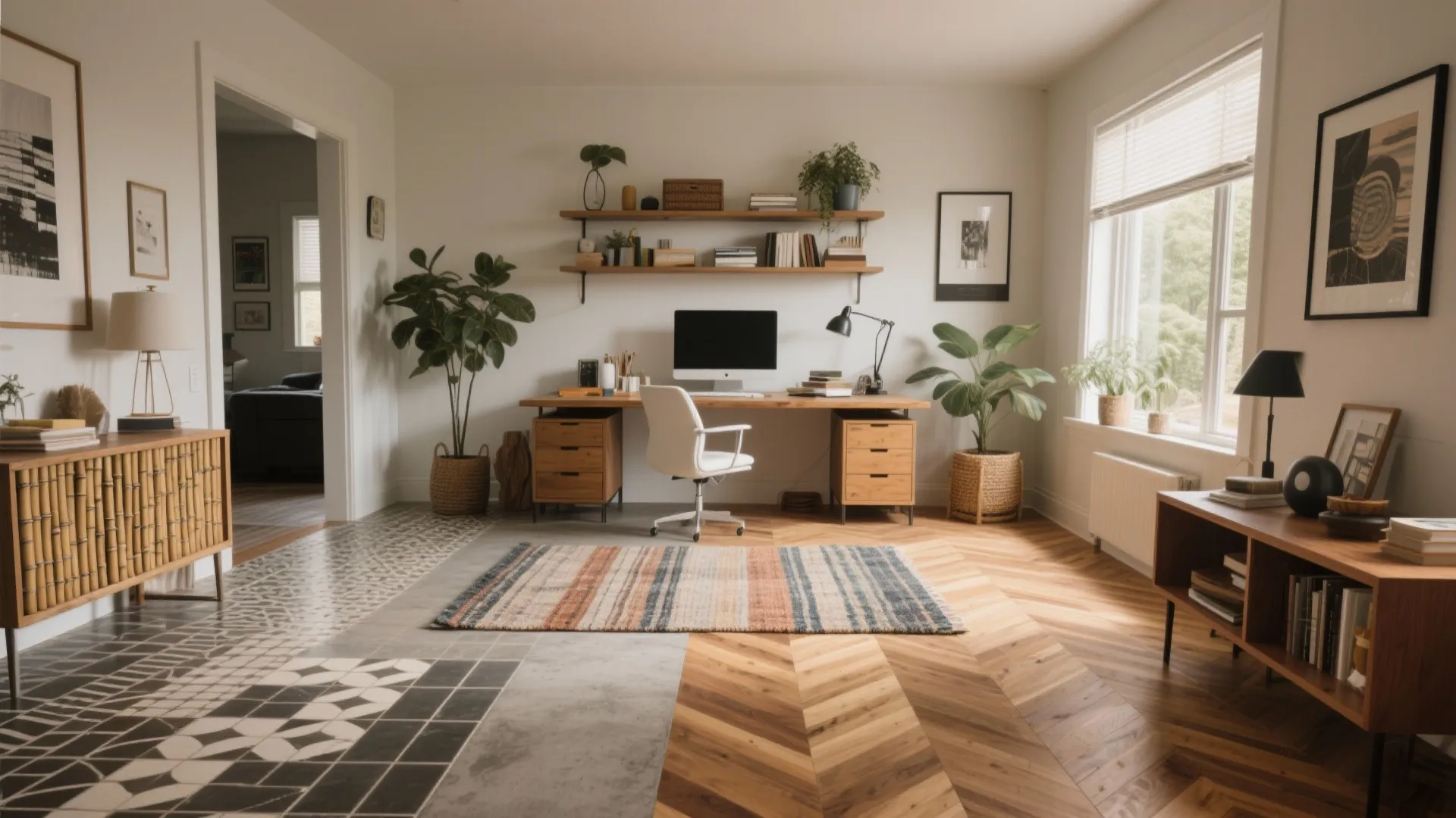 Home office featuring wood flooring with rug wooden desk white chair wall shelves and green plants