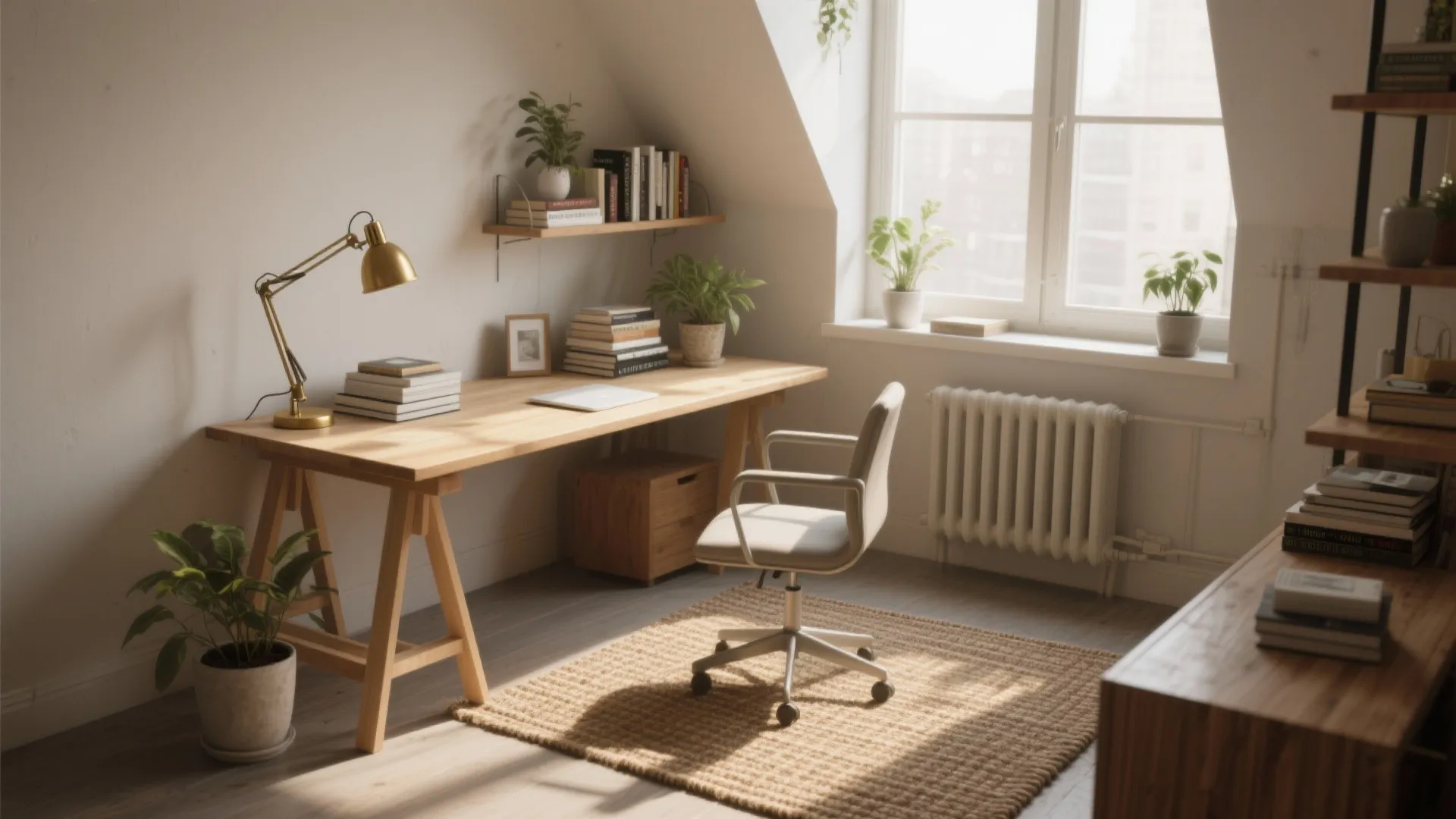 Bright attic office with wooden desk white chair gold lamp books plants and large window