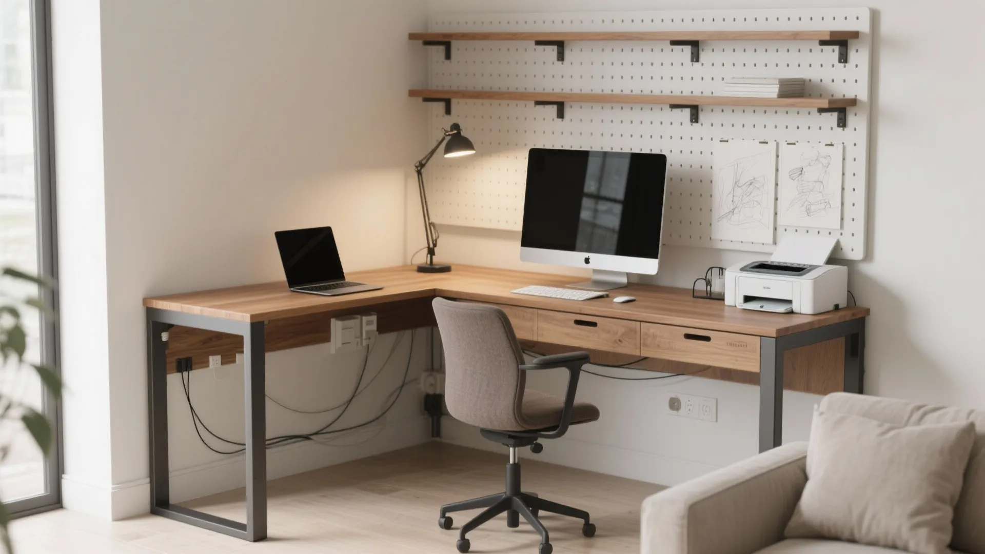 L-shaped built-in desk nook with pegboard, tidy cables, task lamp, and clear circulation in a bright living room.