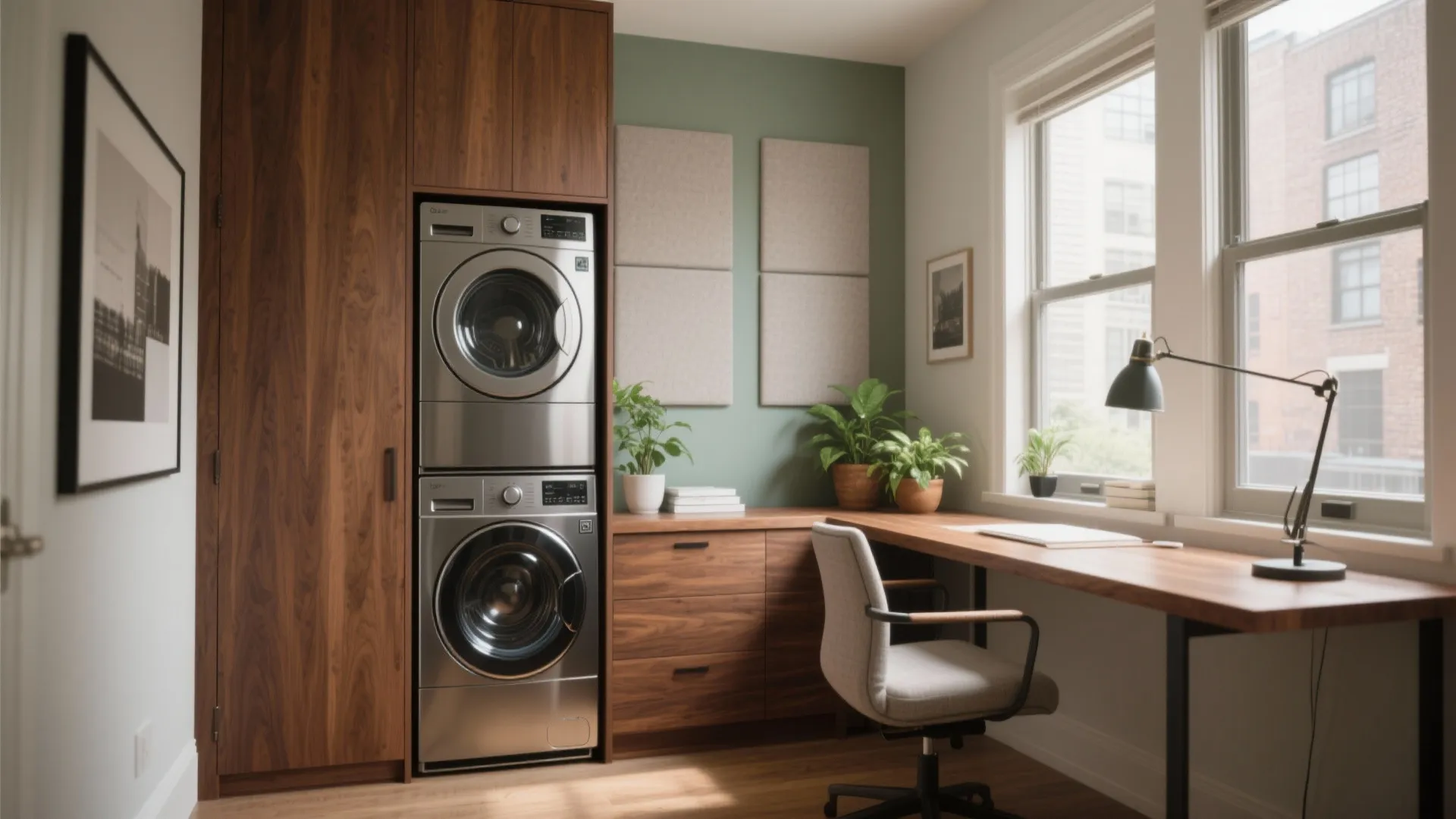 Combined home office and laundry room featuring stacked washer dryer unit beside long wooden work desk