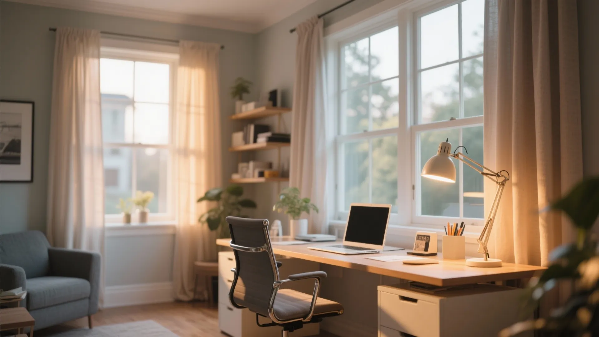 Bright home office flooded with natural light and warm lamps