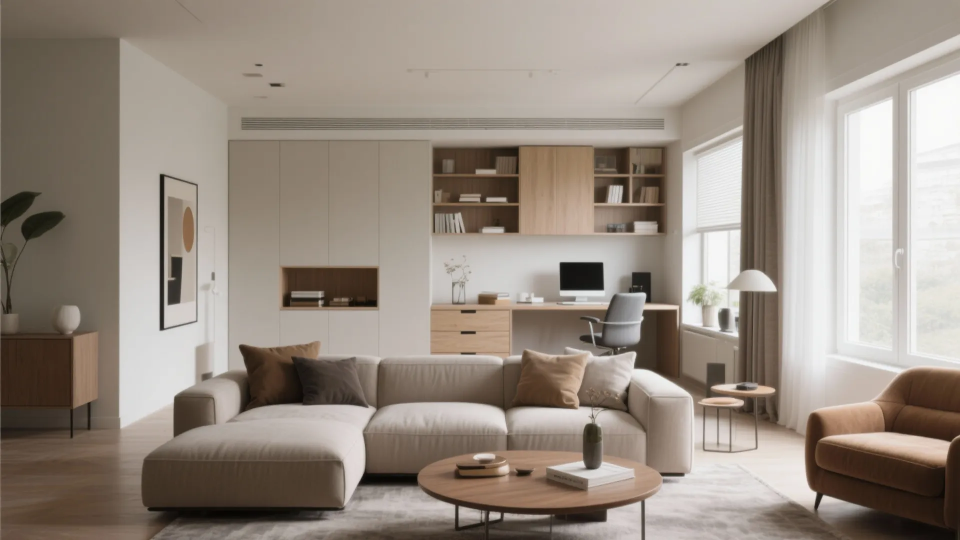 Second living room combining lounge and discreet office desk