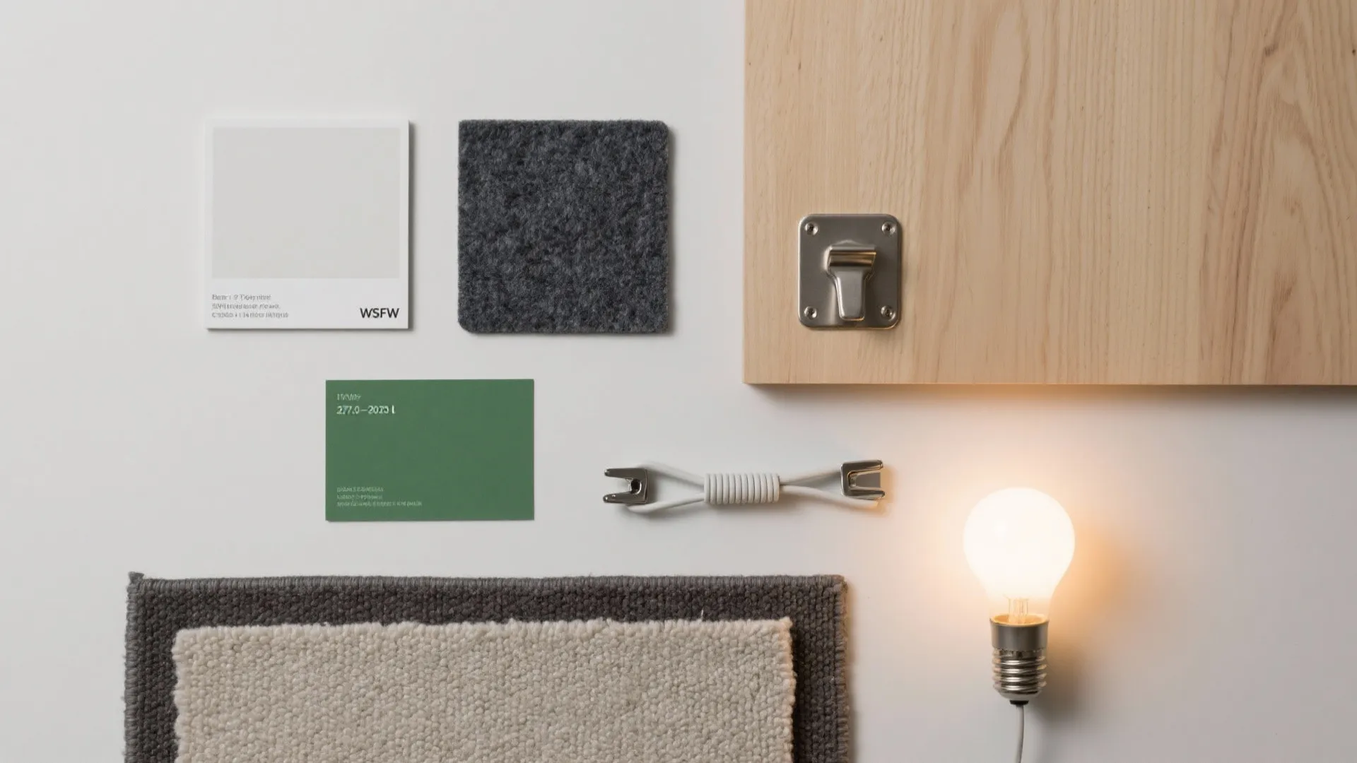 Flat lay of interior design materials including wood panel fabric swatches light bulb and green card