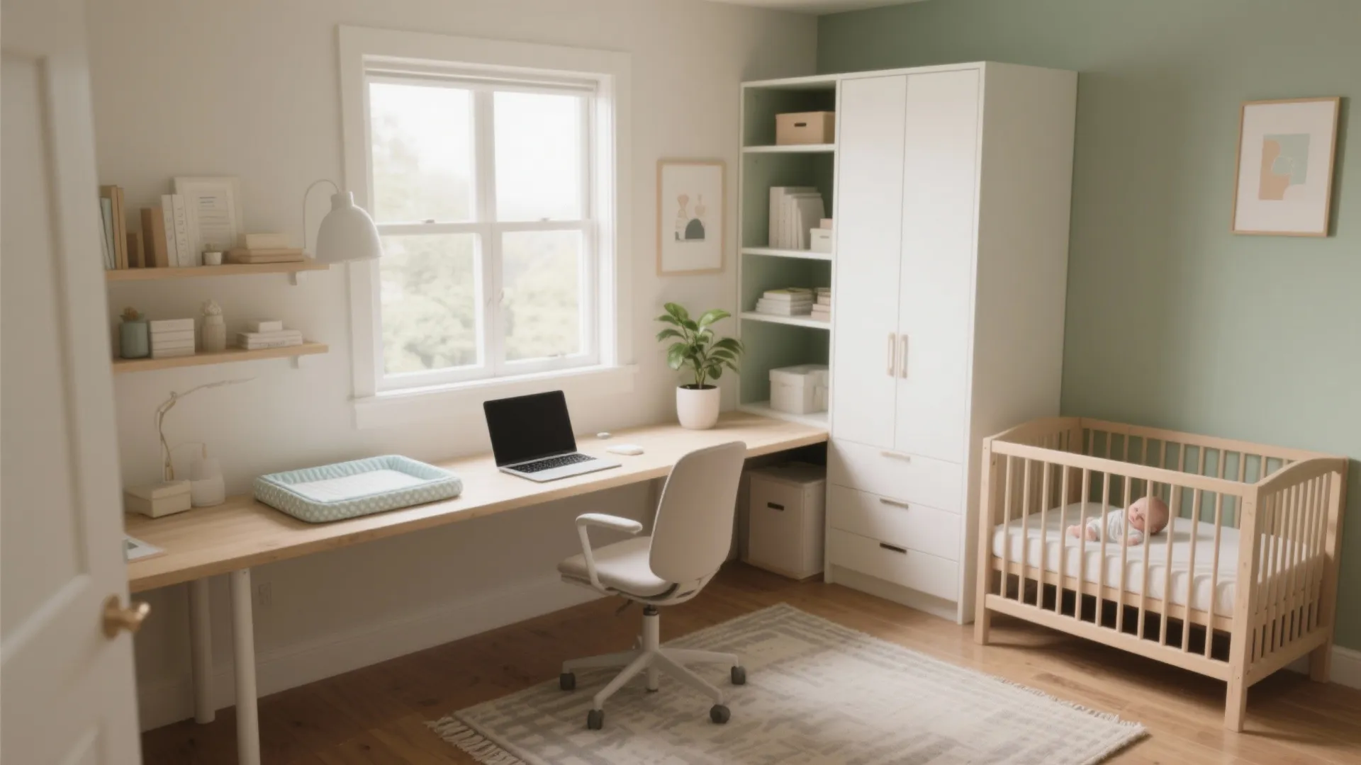 Modern home office and nursery combination with wooden desk white wardrobe baby crib and natural light