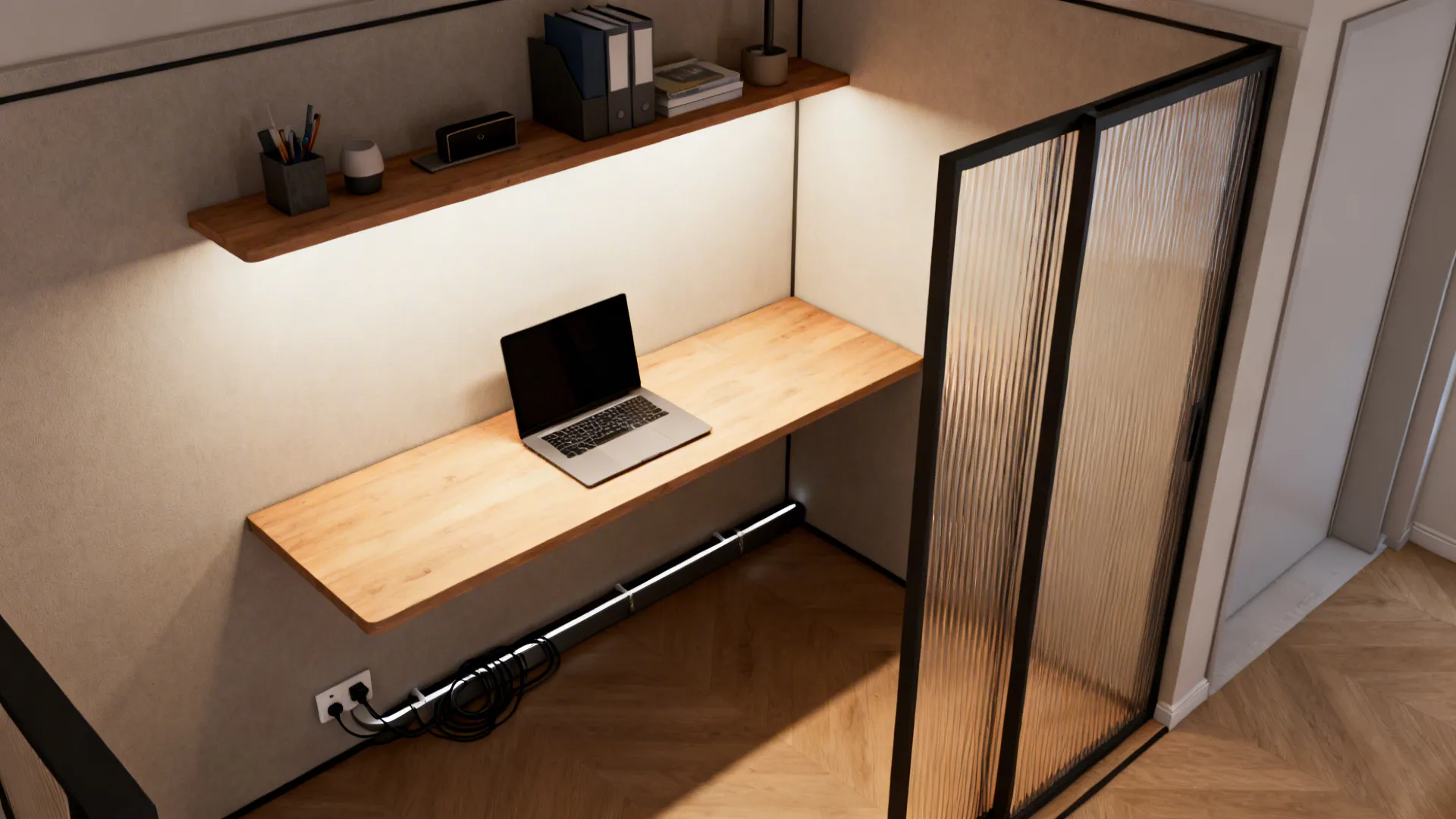 Top-down view of a compact corner home office pod with floating desk and cable management.