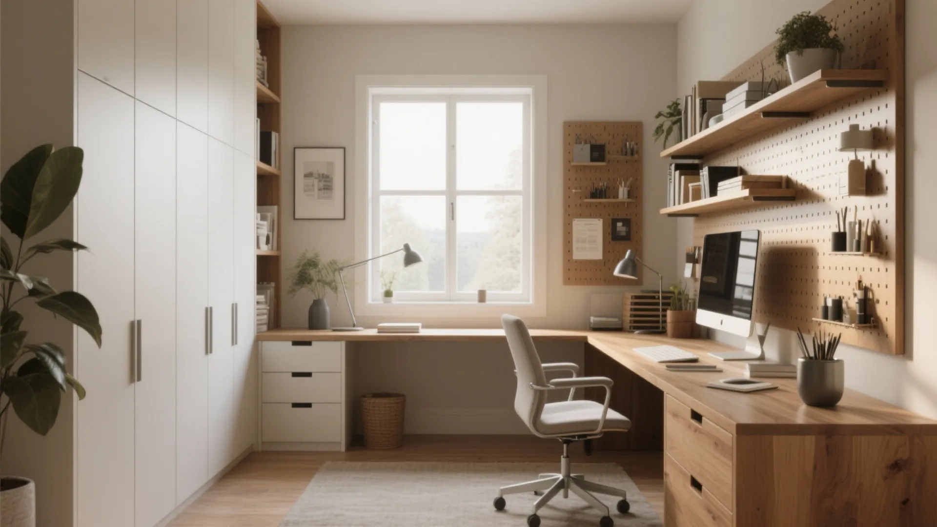 Modern home office with wooden desk, white tall cabinets, pegboard wall, shelves, and natural light