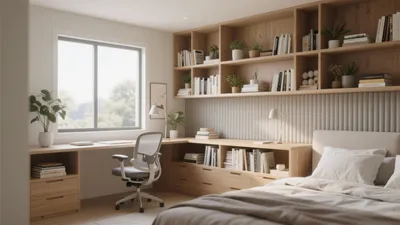 Modern Home Office Bedroom with Built-In Shelving