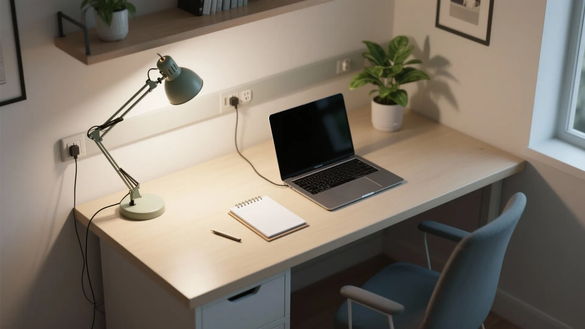 Top-down view of a small home office with a plug-in adjustable lamp clipped to a shelf and cord routed neatly.
