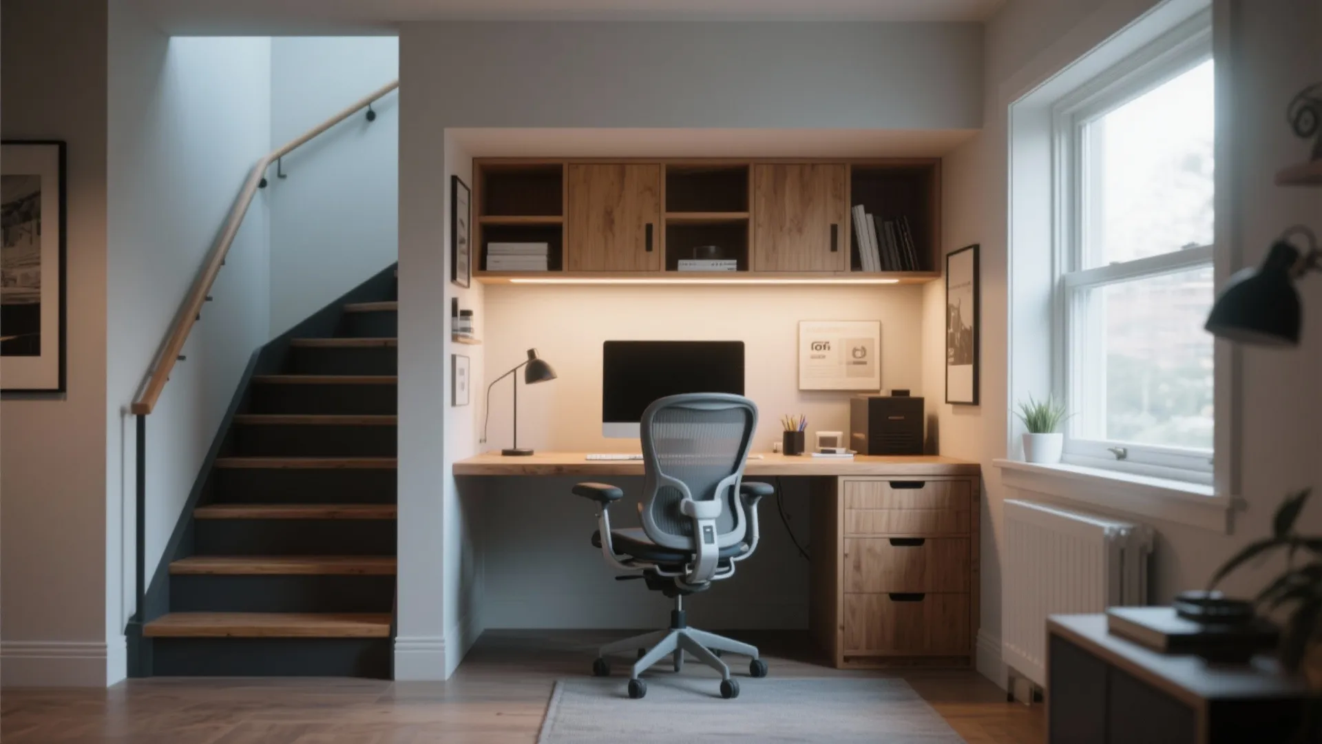 Compact home office under stairs