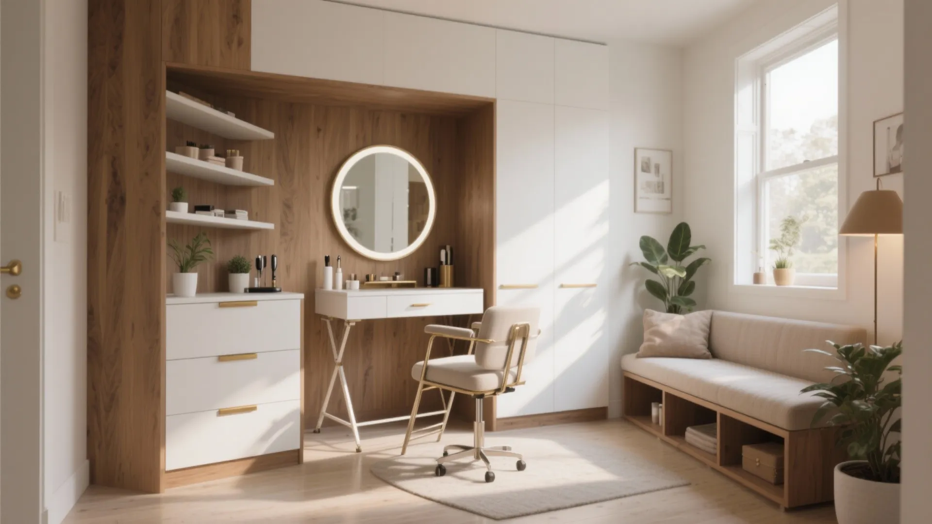 Bright home salon featuring white desk round light mirror chair long bench and wood wall panels