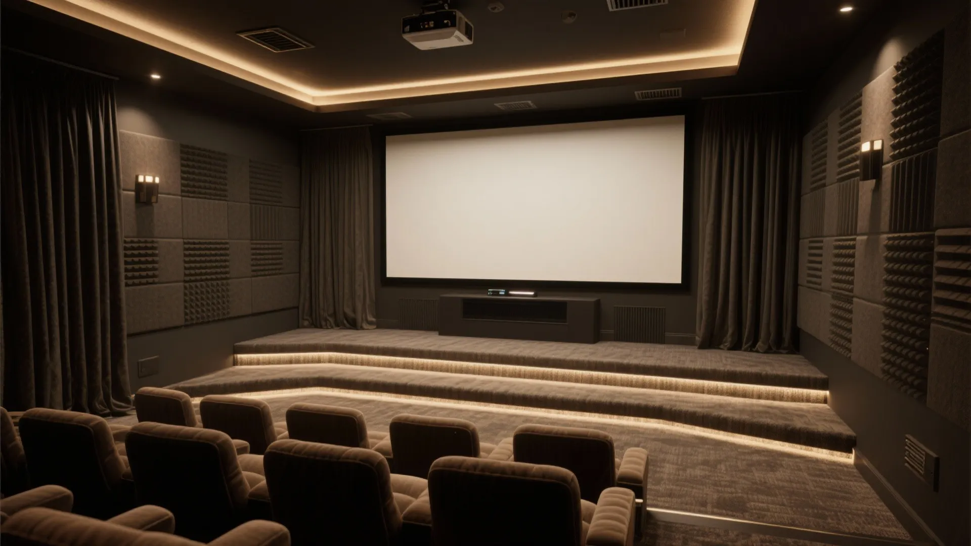 Basement home theater with acoustic panels, blackout curtains, low-profile screen and layered carpeting for sound control.