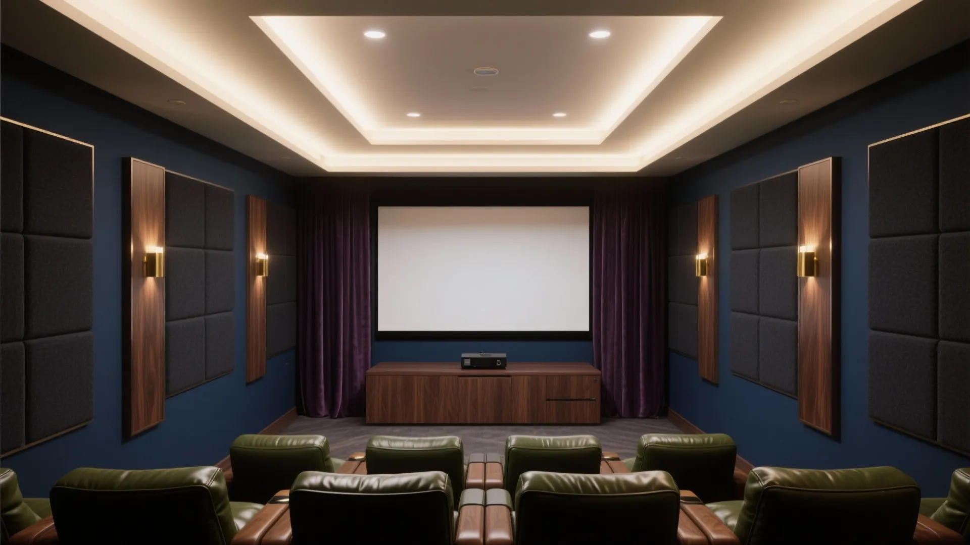 Modern home theater with blue walls leather seats large white screen purple curtains and wall lights