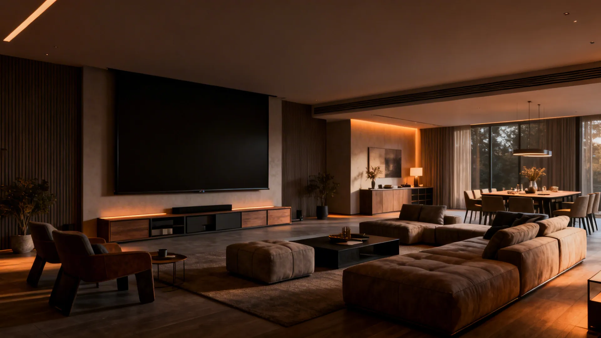Open-plan living area with a 70–85 inch TV and centered seating creating a home-theater feel.