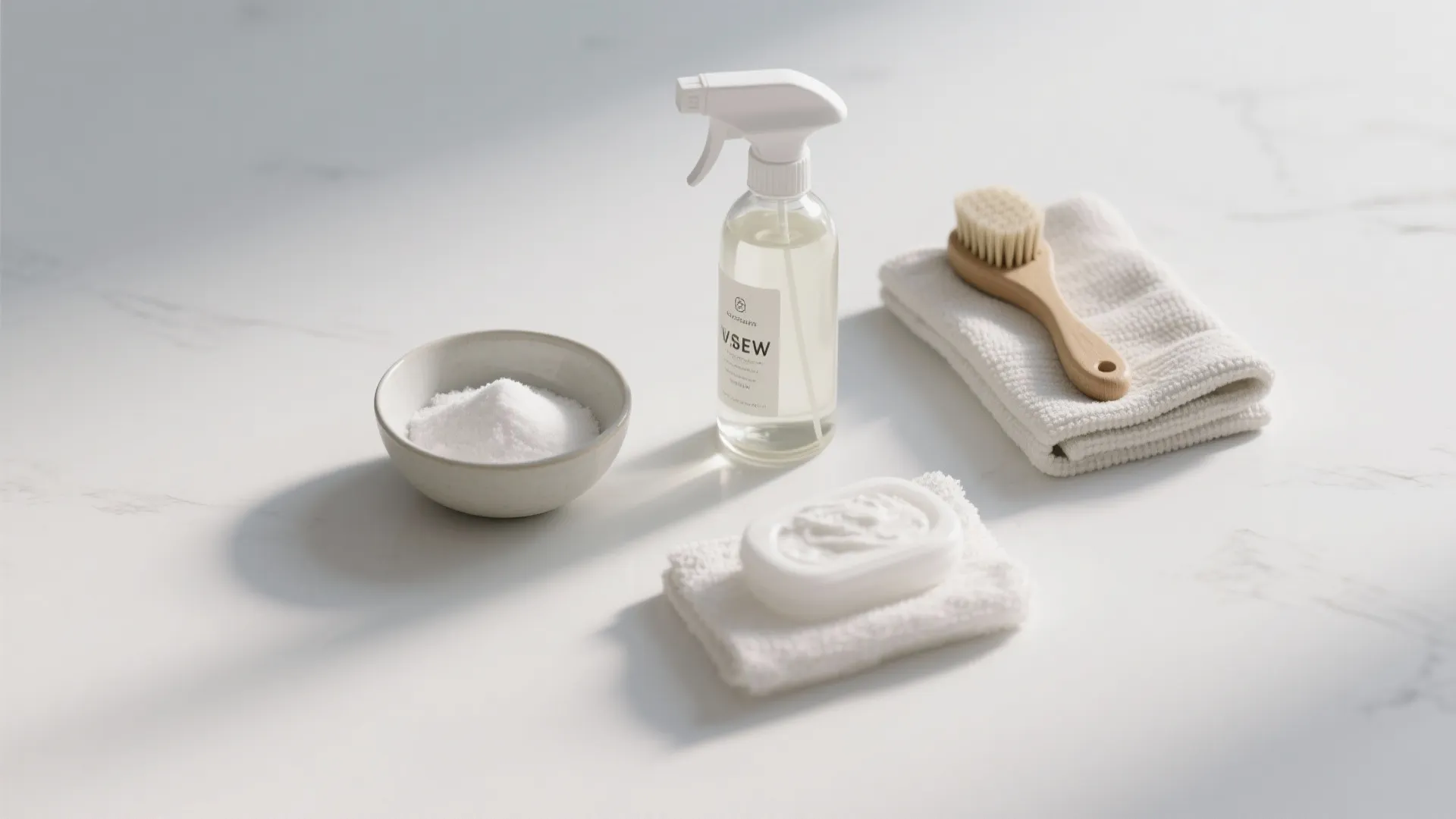 Flatlay of baking soda paste, a small bottle of white vinegar, diluted spray, and cleaning cloths for homemade stain removal.