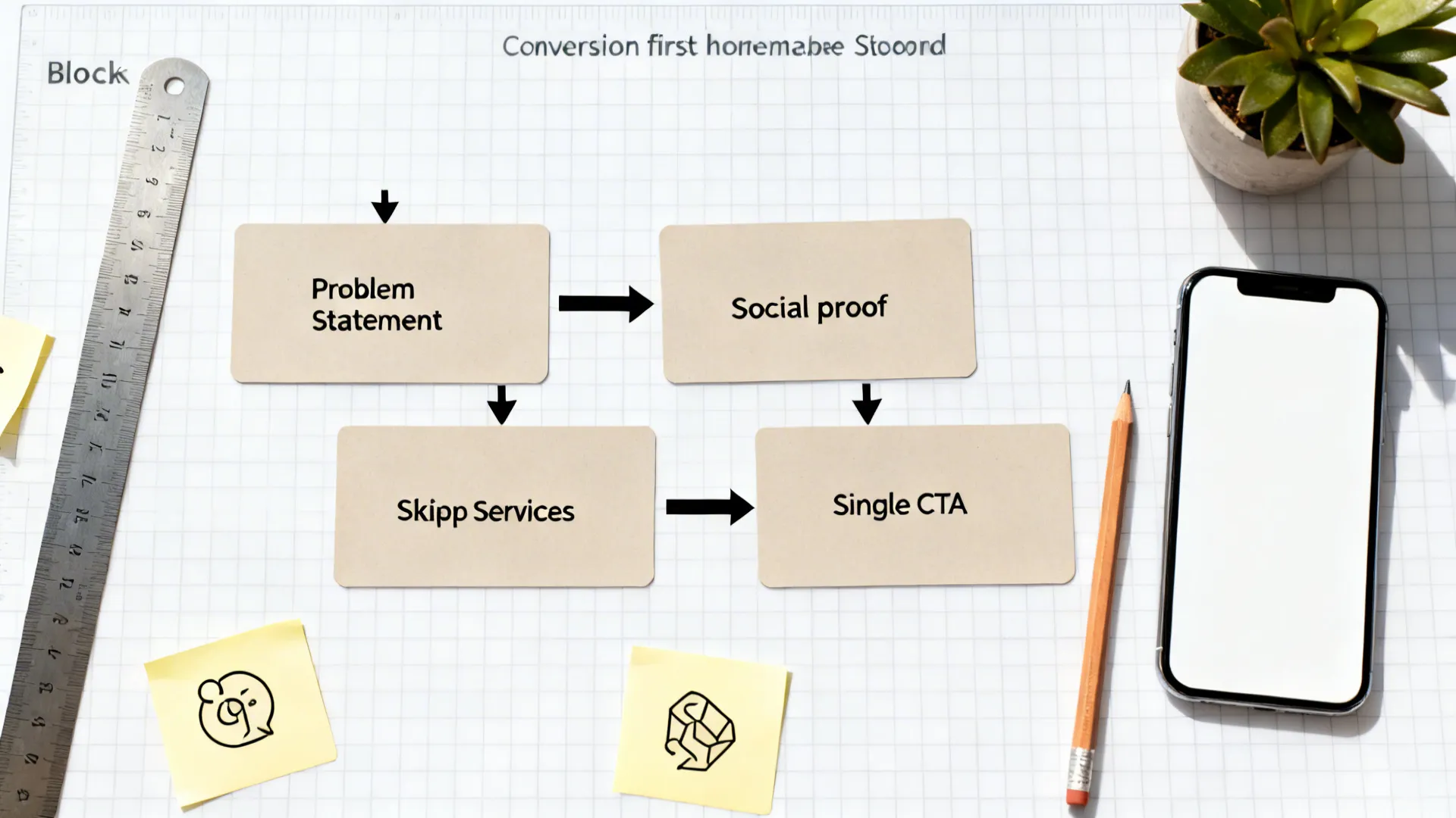 Top-down flat lay of a four-zone homepage storyboard with clear, scannable blocks and flow arrows.