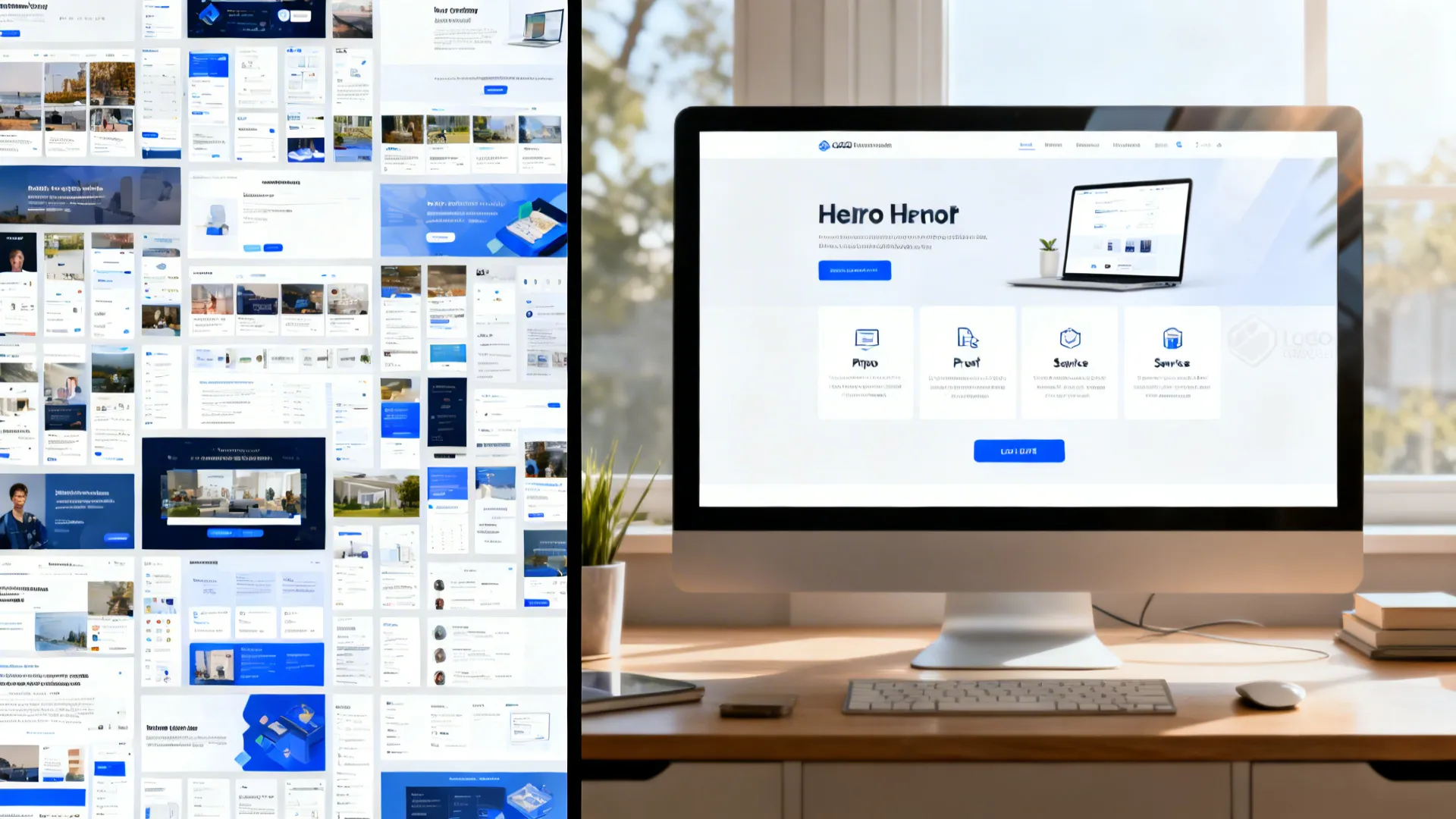 Split-screen of cluttered versus streamlined homepage layouts on a monitor in a clean workspace.