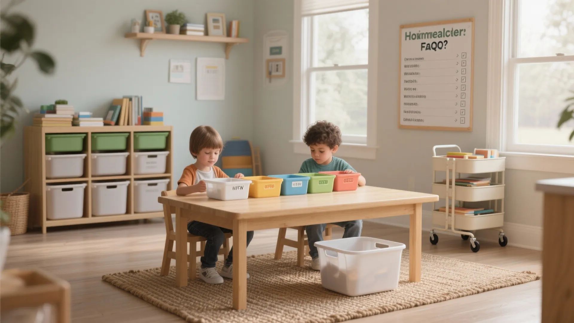 Two young children sitting at wooden table sorting colorful bins in organized home school room