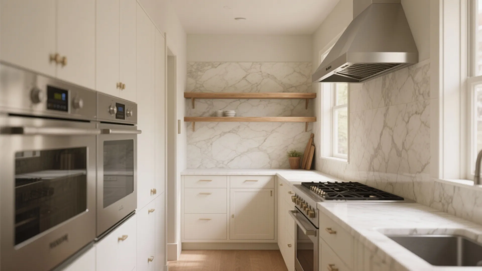 Bright kitchen with white cabinets, marble wall, wooden shelves, silver oven, and a metal hood