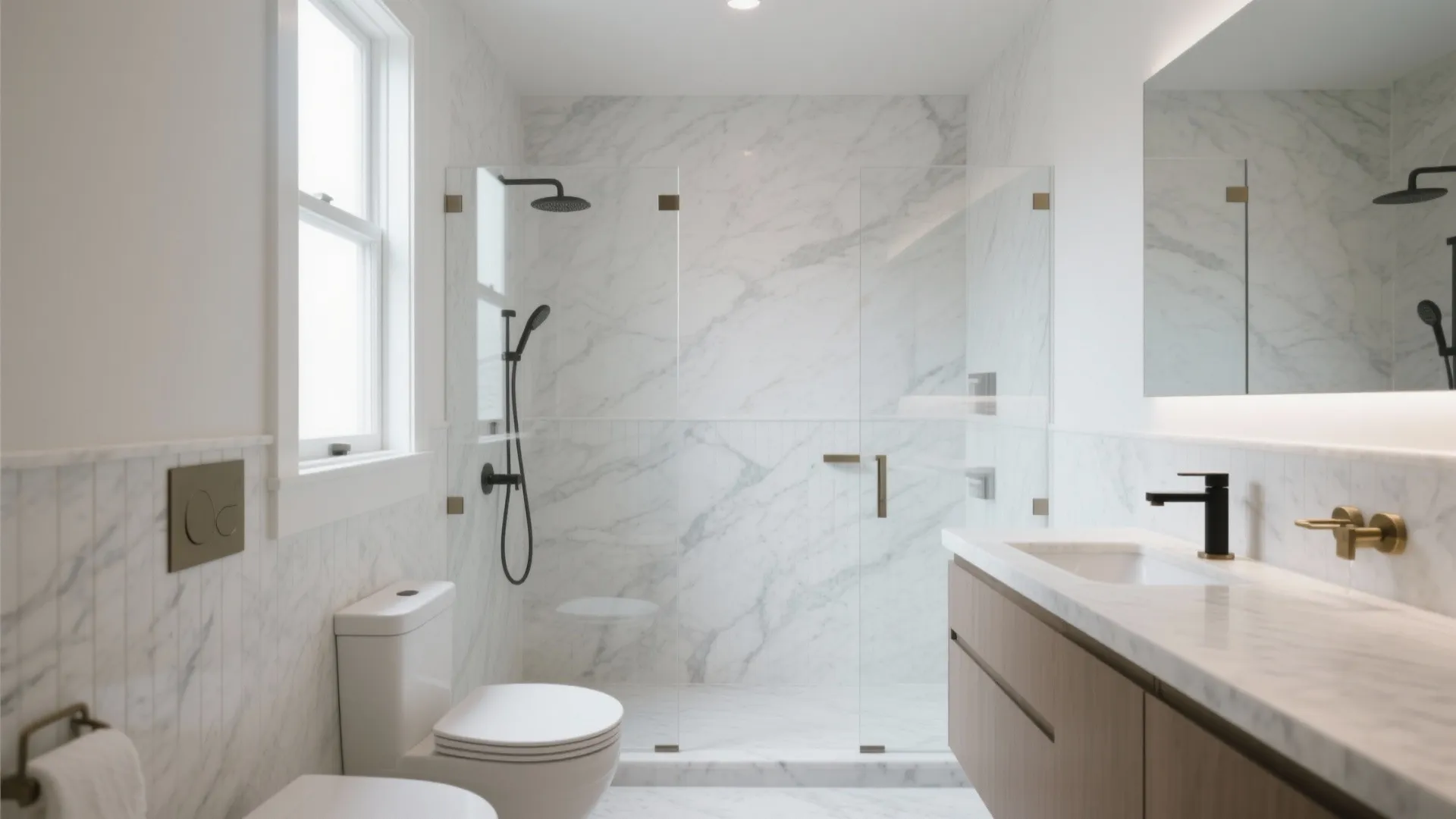 Bright bathroom with marble walls glass shower door white toilet wood cabinet and black faucet