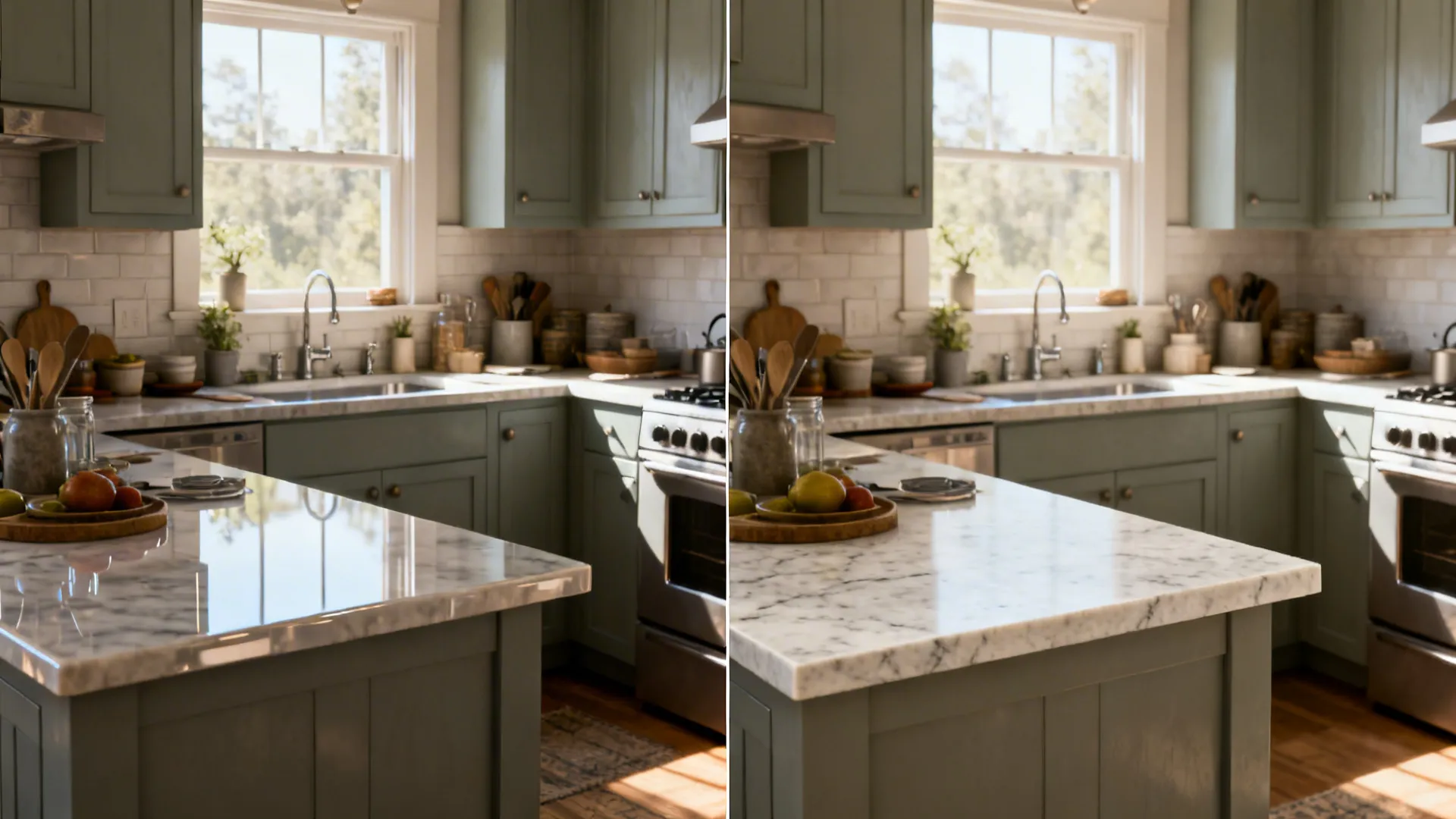 Before-and-after of a small kitchen switching from glossy thick counters to honed thin-edge marble with a cleaner look.