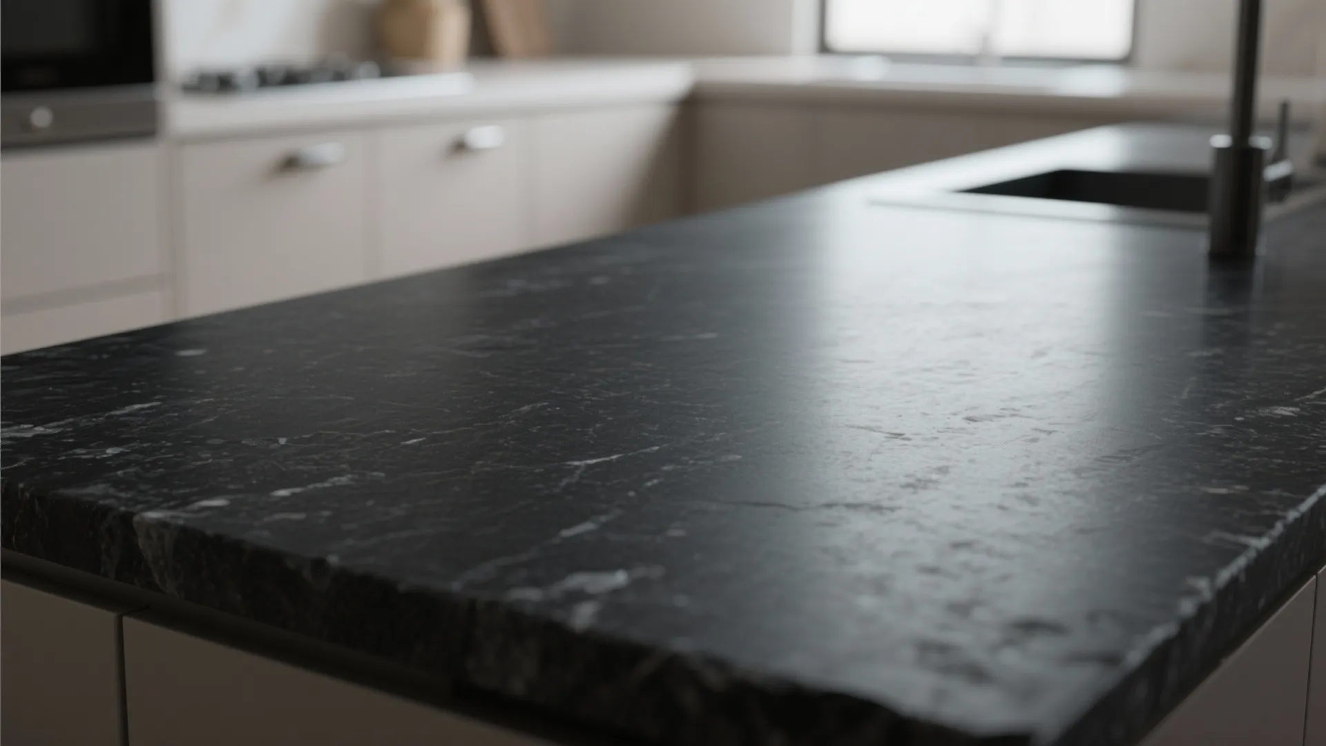 Close up of textured black marble countertop in a modern kitchen with light colored cabinets