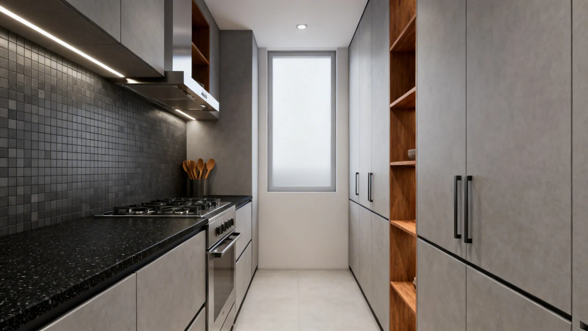 Honed black granite counter paired with matte micro-tile backsplash in a compact galley kitchen.
