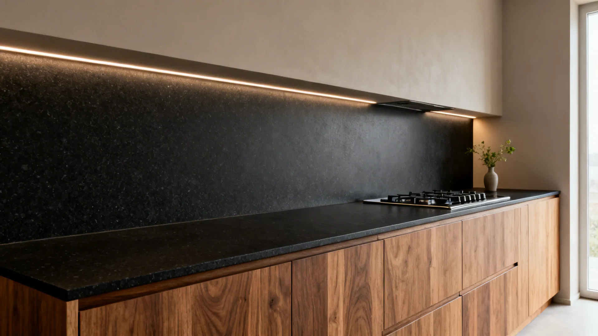 Honed black granite with rift-cut oak modular cabinets in a compact modern kitchen.