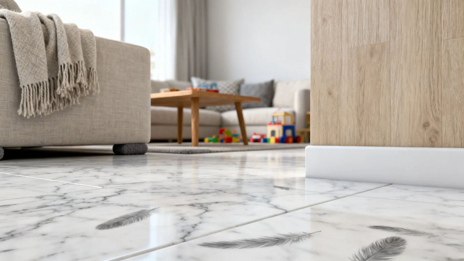 Honed Carrara marble floor with soft matte finish in a bright family living room.