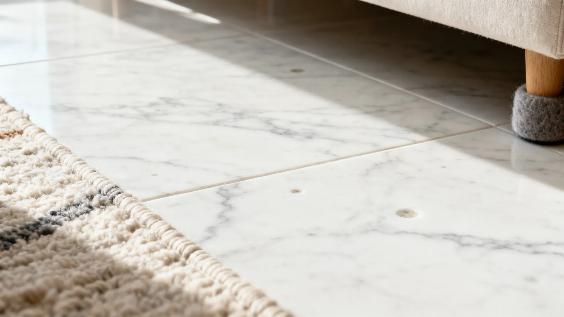 Macro view of honed Carrara marble floor with soft matte finish and fine veining.