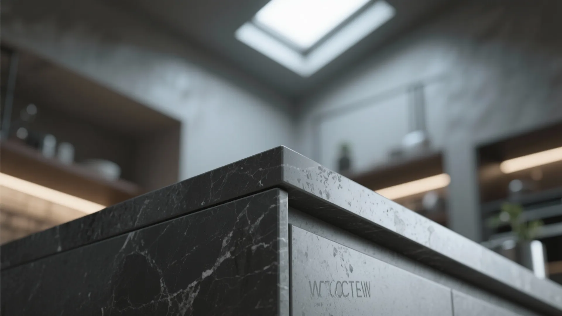 Close up of dark grey kitchen island counter with marble texture and blurred room background