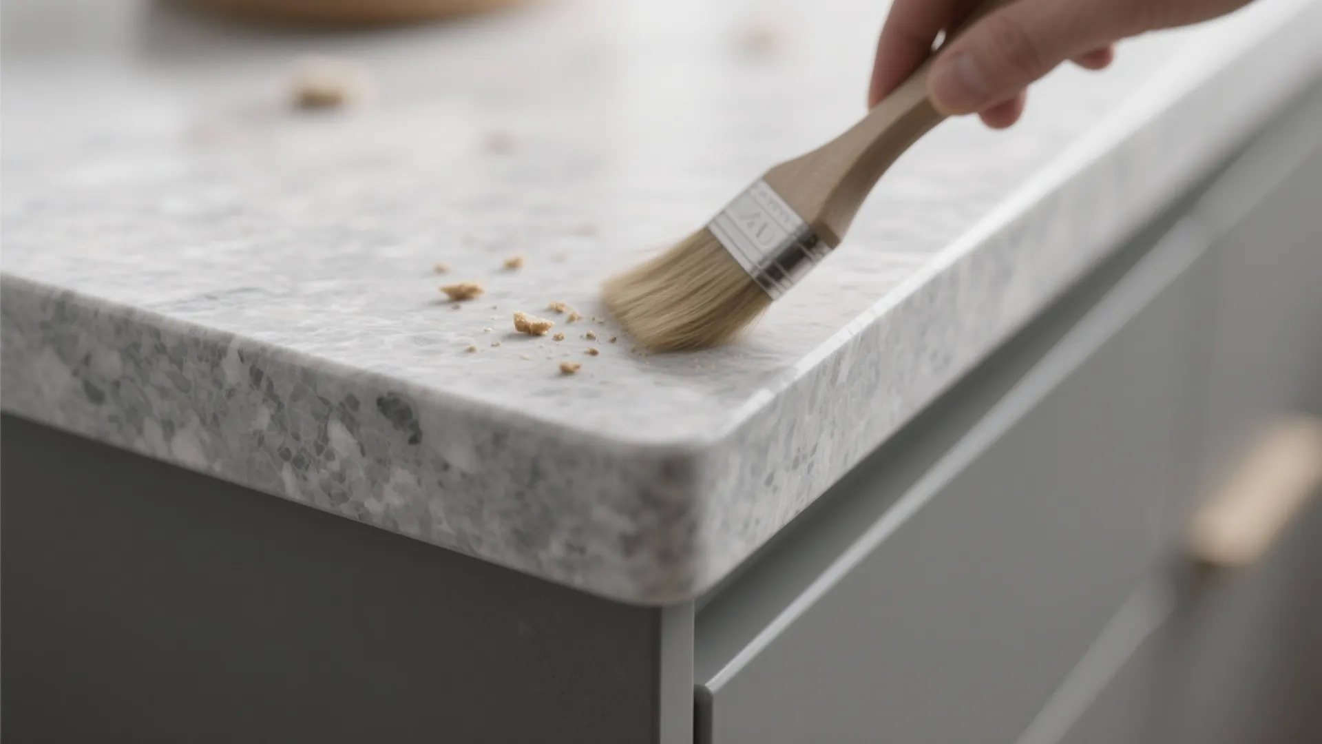 Honed grey quartz worktop with rounded edge and visible texture, easy-clean demonstration.